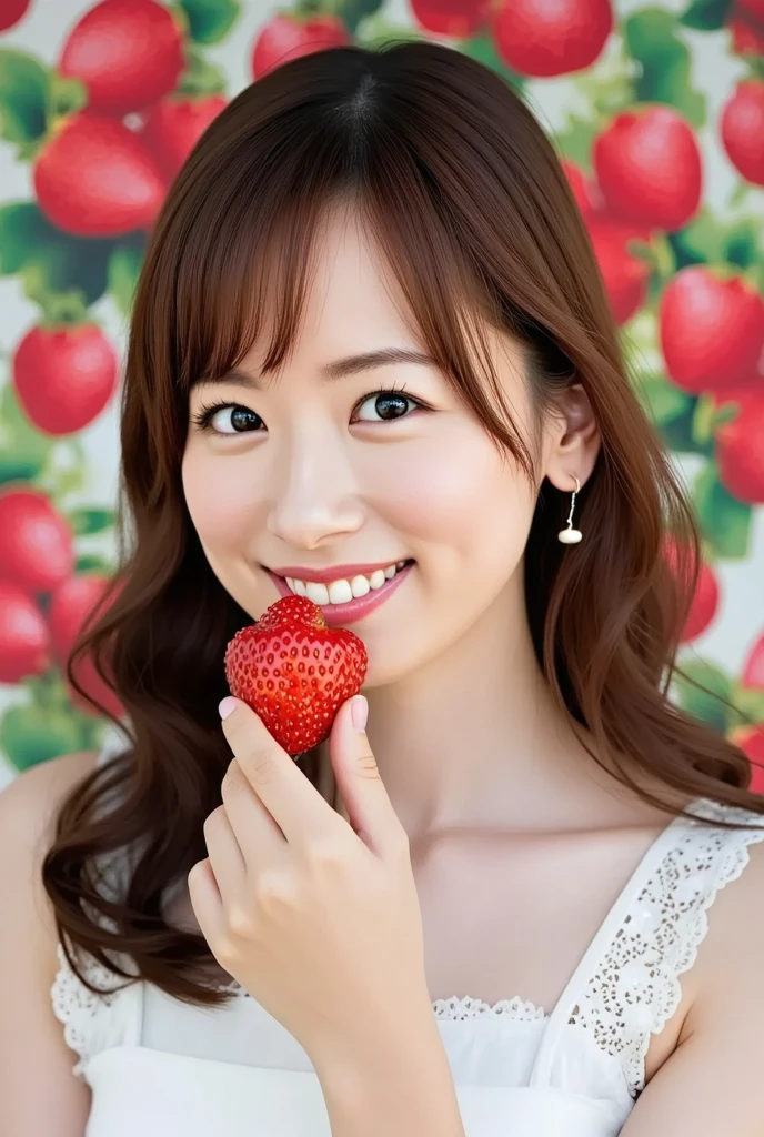 (highest quality, 32k, High resolution, Masterpiece:1.5, ), marimo_jet, Concept Art, Arousing pleasant enjoyment and curiosity, Expressing emotions, Have a rich imagination, Beautiful Japanese Women, An exceptionally beautiful face, Small Face Beauty, Perfect Human Anatomy, Magical big eyes, Motherhood and generosity, Deep Love, fleeting smile, Shiny black hair, Super Long Straight Silk Hair, Asymmetrical bangs, Hair between the eyes, Transparent, soft white skin, Sharp eyebrows, Thin lashes, ((Natural Makeup:1.1)), Cheek highlighter, Pale pink detailed lips, ((Profile of a person kissing a strawberry:1.4)), ((Grey tank top:1.3)), High resolutionの完璧な鎖骨, High resolutionの美しい胸元, Slim figure with ample breasts, High resolutionの美しい太もも, ((Baby Pink Background:1.2)), Professional Lighting, Professional photographer, Professional models, mysterious