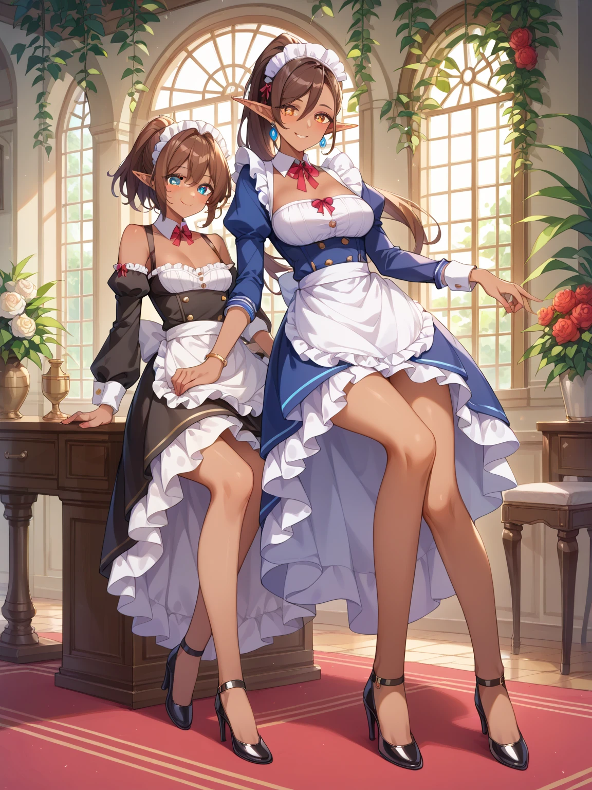 top-quality 1 woman in her 30s Brown hair Medium bob Delighted Laugh (Breasts like melons Ass like melons) (White lace underwear) (Blue china clothes Deep slit) sit a chair legs crossed
