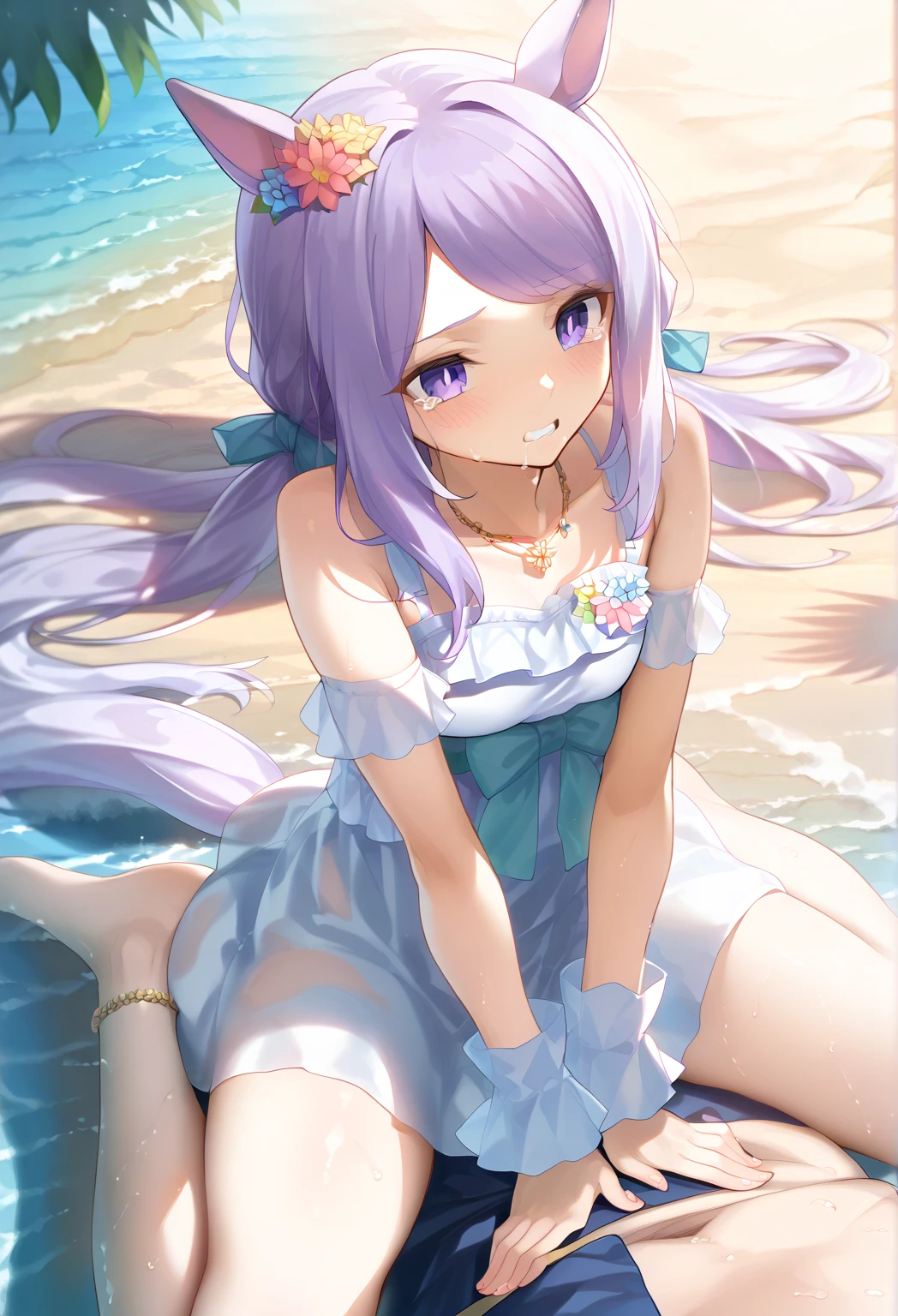 <lora:ruru.XL:1>  1girl, solo, green eyes, dress, hairclip, purple hair, long hair, twintails, hair ornament, blush, looking at viewer, multicolored hair, ear piercing, breasts, piercing, white dress, pink hair, bare shoulders, halterneck, off shoulder, off-shoulder dress, ribbon, outdoors, upper body, ocean, streaked hair, collarbone, cleavage, earrings, hair ribbon, jewelry, small breasts, sidelocks, smile, bangs, white ribbon, open mouth, frilled dress