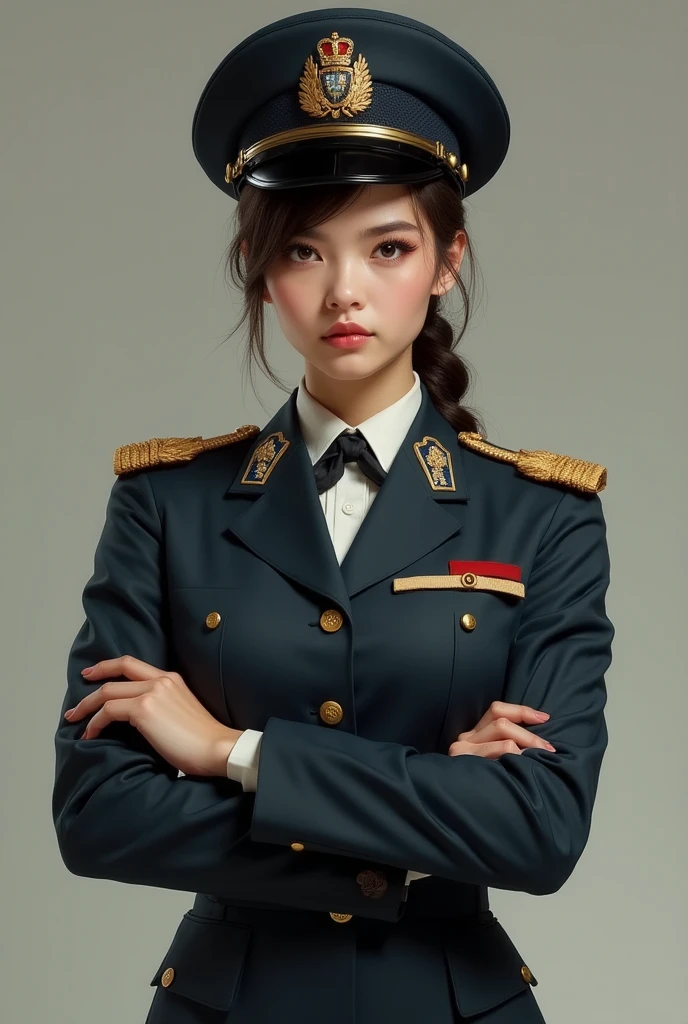 Highest image quality, outstanding details, ultra-high resolution, (realism: 1.4), ((close up:0.55)), the best illustration, favor details, highly condensed 1lady, 40 years old, with beautiful and a delicate face, perfect proportion, (straight standing, chubby:0.4), ((short-hair, updo-style)), (salute, straight standing, chubby:0.2), (wearing manner military uniform and military hat), captain, background simple grey wall,