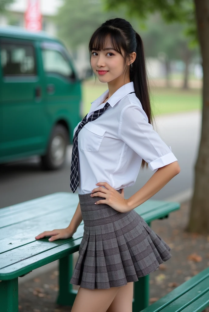 best quality, ultra high res, (photorealistic:1.4), 1girl,solo, full lips, a sultry gaze, school uniform, A sexy student might possess a confident and alluring demeanor, showing a sense of self-assurance and charisma that draws people towards them.She has a toned and fit physique, and carry themselves with poise and grace. Her clothing and style might be fashionable and tasteful, accentuating their best features while maintaining a sense of class and elegance.