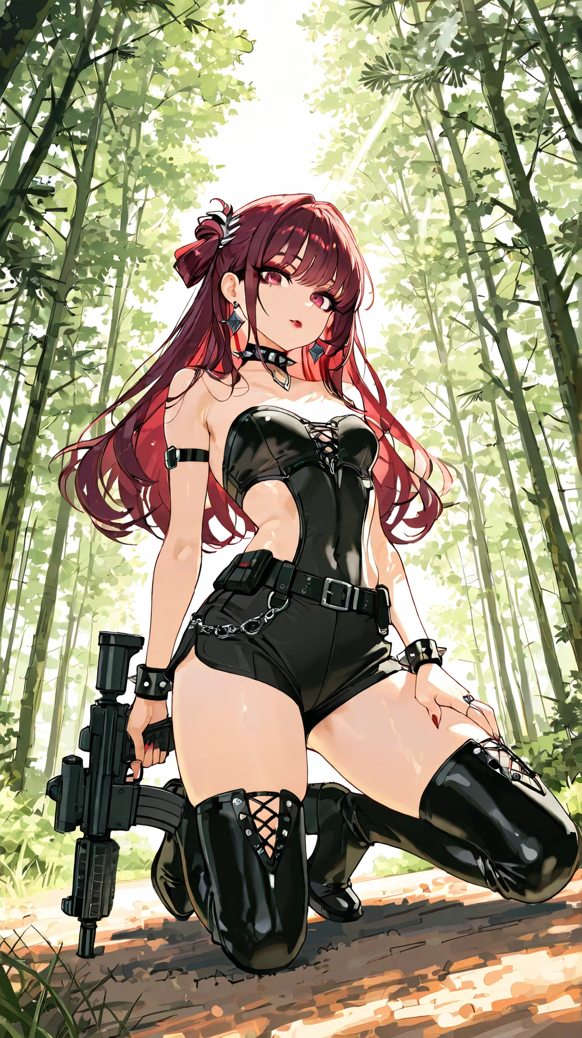 膝から上のウエスタンショットです、strikingly beautiful 29-year-old half-Japanese, half-Canadian woman with a small face and toned, athletic medium build. She wears a thin, body-fitting, strapless bustier paired with ultra-low-rise Brazilian-style shorts that hug her skin. Her shoulders and left thigh are adorned with tactical gun belts. Grey garters peek from beneath high-thigh boots. Her makeup features glittery dark eyeliner, rich eyeshadow, and bold dark red lipstick. She sports spiked wristbands and a matching spiked choker, along with luxurious accessories on various parts of her body — dazzling earrings with rings and layered embellishments. Her hairstyle and hair color change dynamically to reflect modern trends. Her poses vary: crouching, standing, walking away — captured in randomly angled shots, from low-upward perspectives. Backgrounds change dramatically with each shot, featuring iconic and vivid global locations.majestic white tiger with long, elegant fur stands proudly in a lush mountain forest. Captured in stunning 8K ultra-high-resolution panoramic style, the scene emphasizes dramatic depth and atmospheric perspective. The tiger's powerful yet graceful posture radiates quiet strength, with sunlight filtering through dense trees to highlight its pristine 