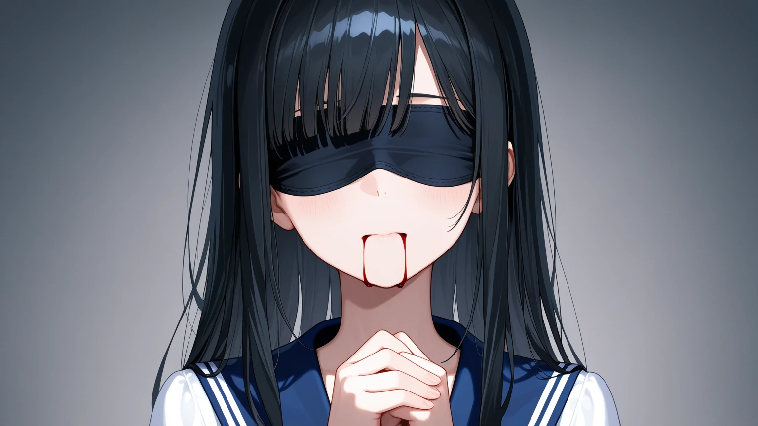 Beautiful girl at 13 years old,Japanese,,Idol face,,Small and slim,Flat Chest,Small breasts,Baby Face,Small face,Black Hair,middle School girls,,shirt,Blindfold,Tie hands behind back,fellatio,open mouth,cum on tongue,Kneeling and sitting,Beautiful and detailed anime art,First-person view,