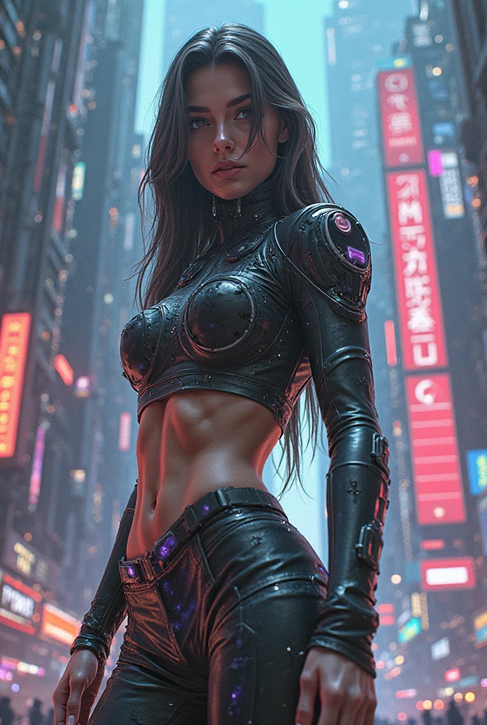 Woman, blue eyes, black hair, cuberpunk costume, ice bow in hand cuberpunk.