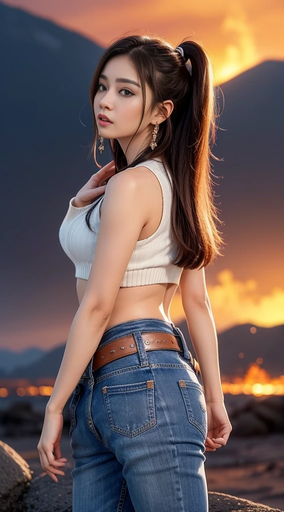 no, Ray Tracing, Radio City, Anisotropic filtration, 16,000, best quality, 1 woman, alone, mature, beautiful mountain climber, shorts hiking clothes, Gradient long hair, climbing equipment、laugh、orange sunset、big breasts、valley