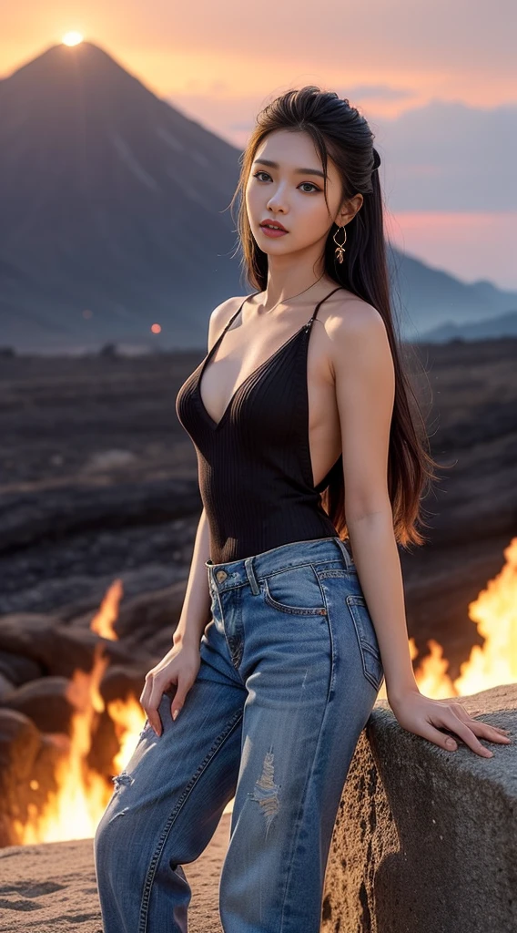 Close-up shot of beautiful korean female, 40 inch chest size,messy hair,wearing gray thin-strapped tanktop with deep side cuts, and gray gstring, sweat glistening on her body, star shape necklace, kneeling in front of the camping fire, with the legs spreads aparts, night, UHD, realistic, masterpiece, camera leica, ray tracing. barefoot. side view