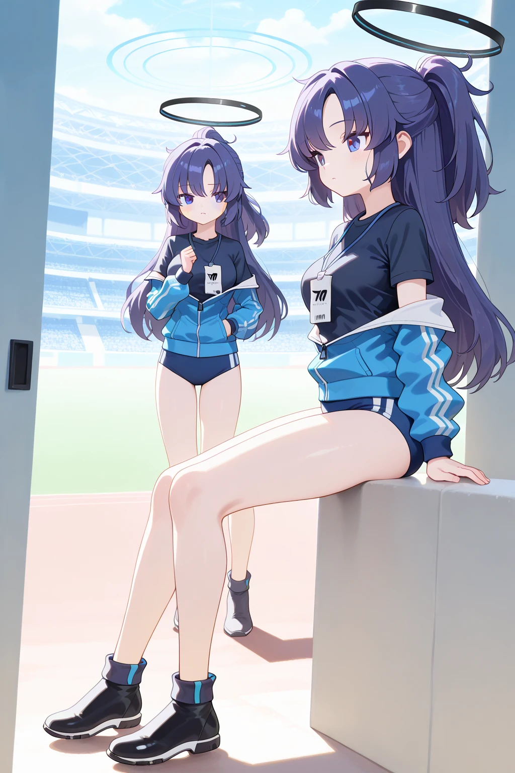 Momoko Koigakubo, a tall girl with beautiful legs, is standing blushing and with her mouth open in a white gym uniform and navy blue bloomers that look like panties.。