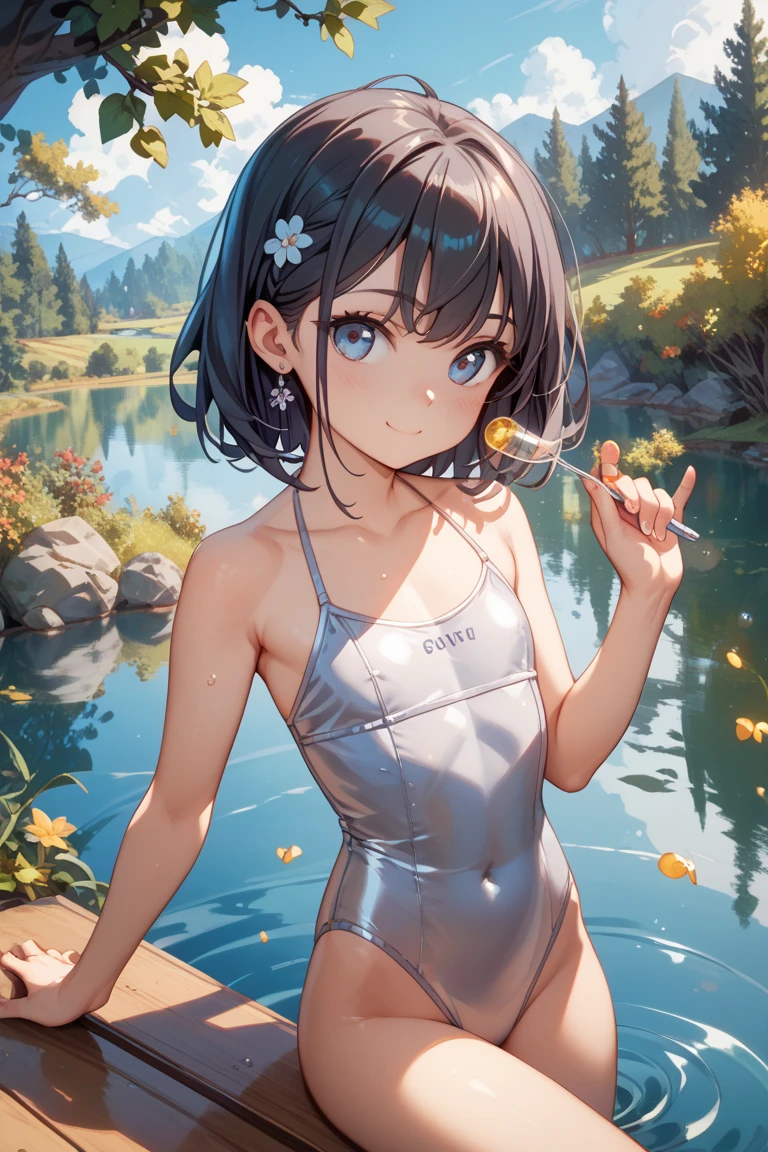 top-quality、extremely delicate and beautiful、Soio、Soio、8-year-old little girl、japanes、Lori、Chiquita、elementary student、A dark-haired、(((Leotard with jungle camouflage pattern)))、(highleg)、Tiara on the head、A smile、is standing、Facing the front、Pond in the background、the woods、cherry trees