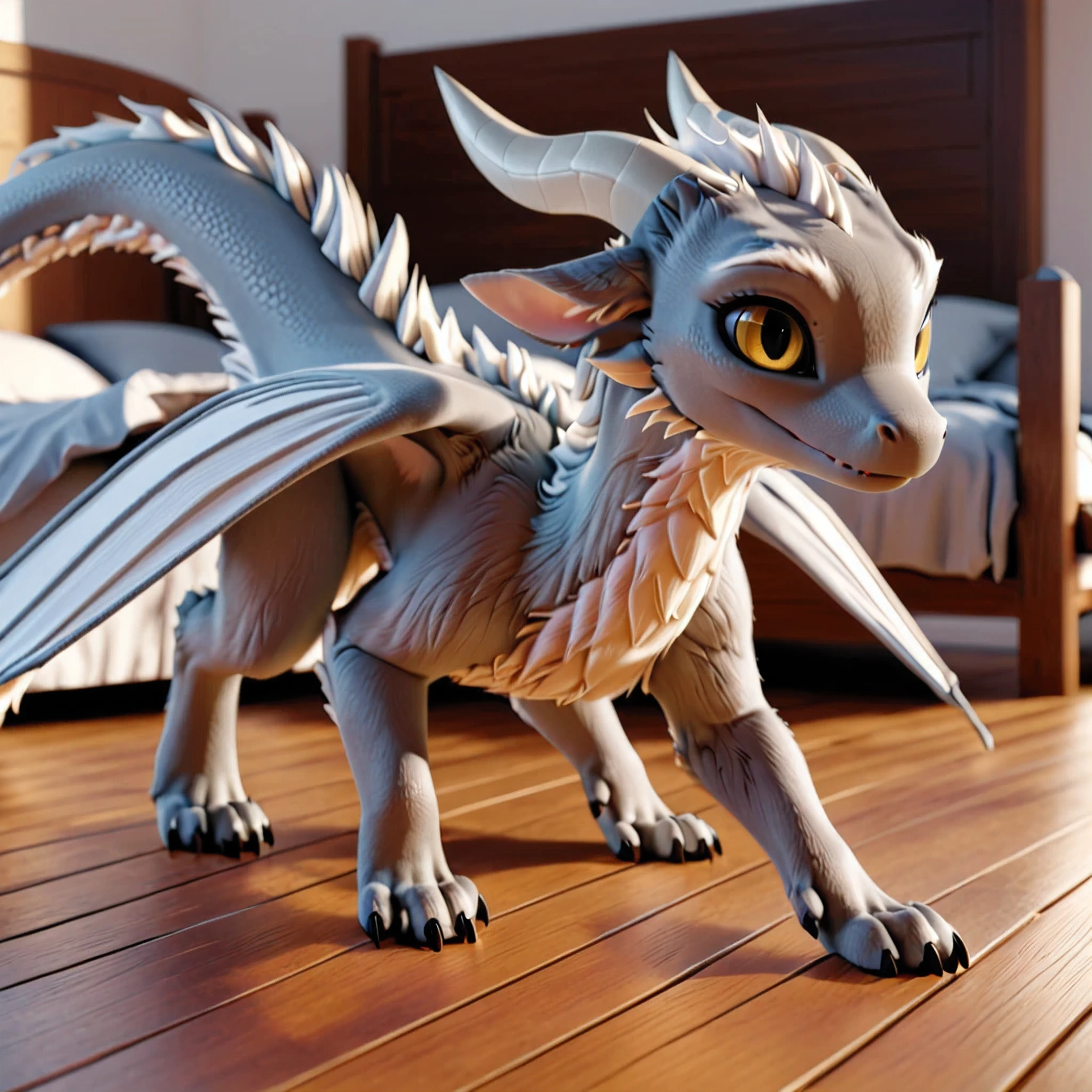 [Furred Dragon - Trendy] [3D+Realistic] [Model-Test*] - masterpiece, realistic_dragon, slight realistic scales/fur, realistic_smooth, 3d, cute, bedroom, sunny, wooden floor, solo, female, Nymki, dragon, chibi slender, furred_dragon, angel_wings feathered_glow super_fluffy, dragon tail, digitigrade paws, gray_fur, white_fur, head_tuft (no hair), horns, black_sclera, yellow_eyes, timid, knees together, crawl, on all_four, soft paw, sword on ground, long_body, 