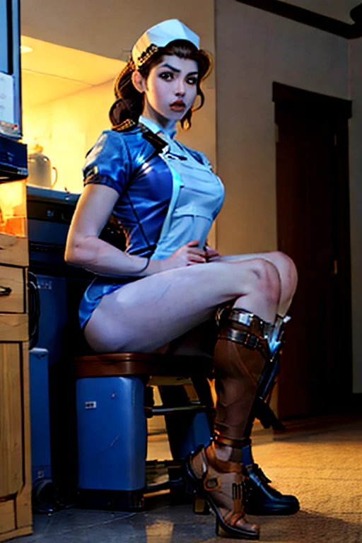 1girl, photorealistic anime, Eva green 21ans, Eva Green, cheveux noir avec des reflets bleus, very short hair and bun, shaved hair, nurse hat, black hair, blue eyes, corps au proportion divine et surréaliste, fille incarnant le fantasme masculin absolu, cyberpunk girl, cuberpunk lights, severe and domineering nurse with a whip, uniform open on the side, sexy neckline, very long slim and sexy legs, corps parfait, bottes escarpins, cuissardes, very round silicon cheast, (cheast 40G), poitrine dur et raide, poitrine toute ronde et tendue, ultra tight corset, fille veut exciter le spectateur, nurse uniform in pantyhose, ornate and highly detailed uniform, Doujustu Style, UK porn style, fille amoureuse, fille vous gronde, fille baveuse, la fille se caresse délicatement la poitrine avec une main, gloves, longs doigts fins et délicats, massive beauty spots, small nipples, Eva green, par devant, Blowjob, Eva debout assise au comptoir d'un hopital blanc et vert, hopital blanc et fille noire, Eva vous regarde amoureusement, les jambes écartées face à la camera, vue plongeante vers le bas, jambes et pieds sexy, hanches fines, fille salope, (nsfw:1.5), (hime cut:1.5), face to face, girl lifts her mini skirt to show her dripping and bloody vulva, contraste entre le décor et la fille,