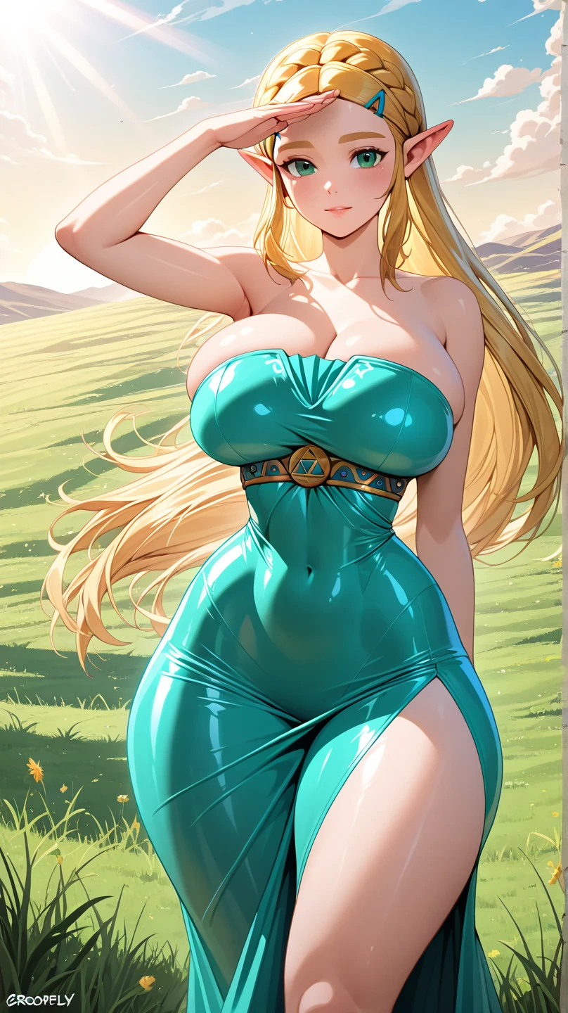 ultra HD, Eleven now , with gigantic breasts: 1.4 and blond hair , long ear, light blue and deep yellow eyes, Full lips, attractive, souriant, with a bow in their hands in their left hands, in general plant in a cascade
