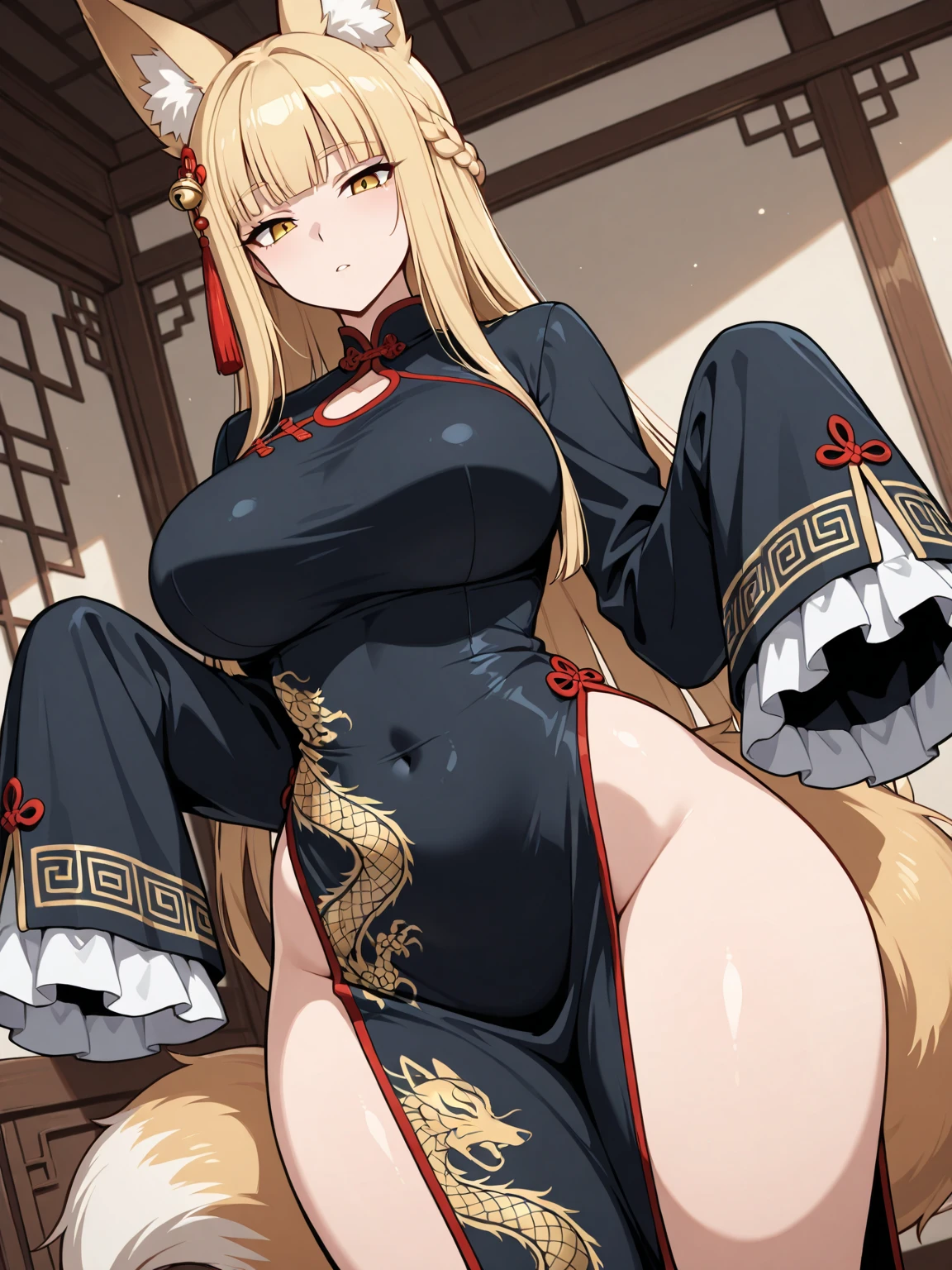 One girl, Mature Woman, Mature Woman, Japanese-style room、Tatami room、Sliding doors、Dark room、 plump, Voluptuous body,  Huge breasts, Saggy breasts, Wide Hips, White priestess uniform, barefoot, Cleavage, Are standing, Blonde Nine Tails, smile, Short blonde, Red eyes, at night, 8K, masterpiece、milf、Fox Ears、Lantern、Sliding doorsを開けて迎え入れる、Sexy look