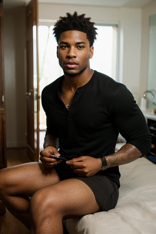 Black man with dreads in boxers smirking, cupping his crotch