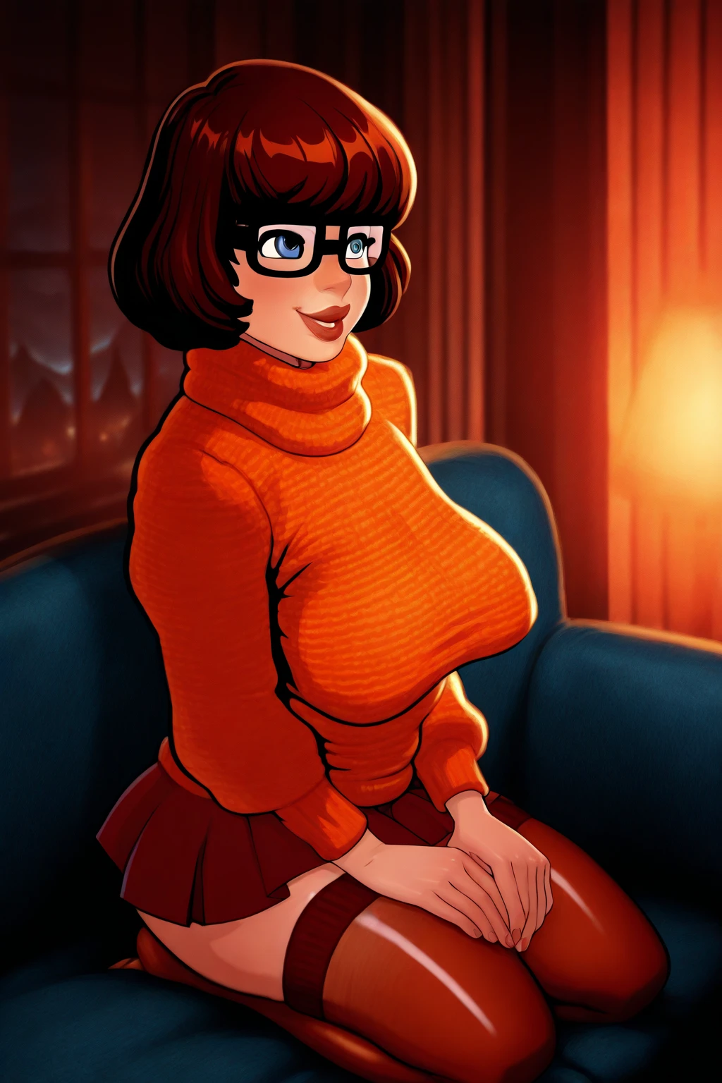 STICKER, (solid outline:1.3), (NSFW:1.2), (masterpiece:1.2), (best quality), (ultra detailed), (8k, 4k, intricate), (full-body-shot:1), (highly detailed:1.2), (detailed face:1.2), (dynamic pose:1.2), Velma Dinkley lifting her sweater to show her bare breasts, 1girl, solo female, bare breasts, holding her boobs, kneeling down legs together, short hair, skirt, large breasts, brown hair, brown eyes, pantyhose, pleated skirt, glasses, pulling her sweater up, exposed breasts, shoes, full-length, ((full body))