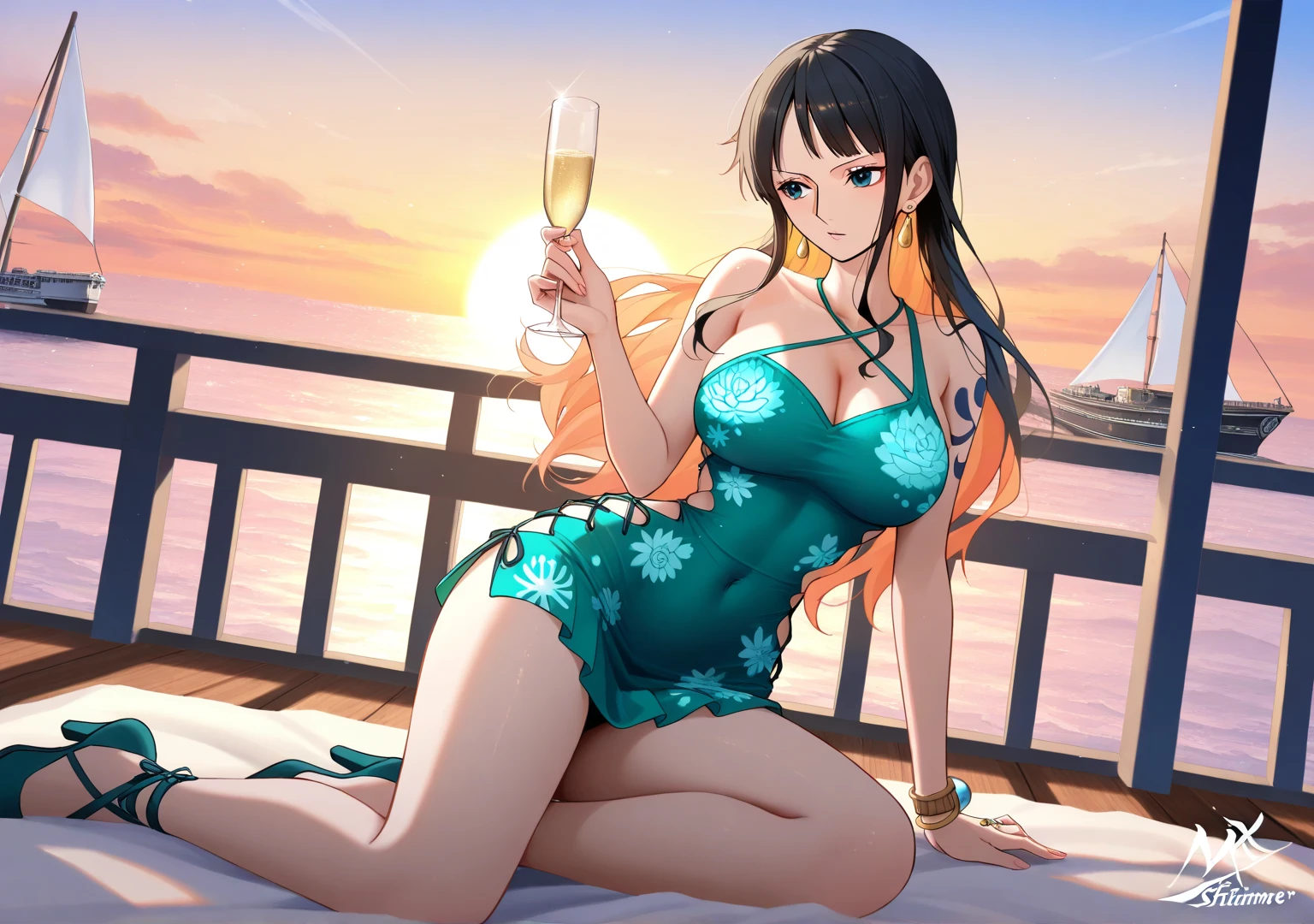 sksbrooke person, sksbrooke, (masterpiece:1.2), (best quality:1.2), perfect eyes, perfect face, 1girl, solo, brown eyes, (medium breasts), perky breasts, seductive look, blue Sparkle V Neck Sleeveless Spaghetti Straps A-Line Mini Summer Dress Cocktail Dress with heels