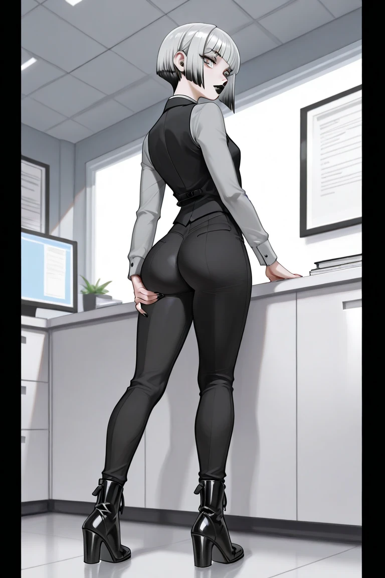 Ultra-realistic, 4k, 1girl, slim face, pretty face, cute eyes, skinny body, wearing white hijab, white chino pants, tight long sleeve classic buttoned shirt, white heels, nervous facial expressions, very sweaty, both hands on ass, in office, near the office chair, dirty office chair, dirty pants, dirty clothes, sweaty clothes, (((make the whole image filthy and dirty))), (((mud overflowing from pants))), stinky atmosphere, filthy atmosphere, mud on pants, disgusting office, too much mud on pants