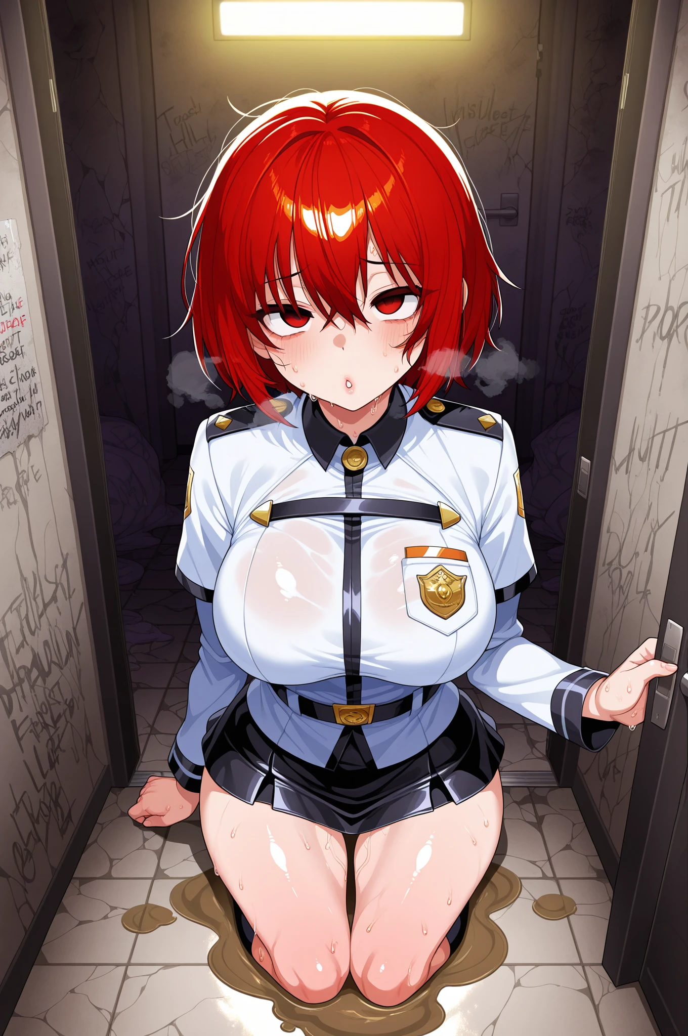 source_anime, rating_explicit, score_9, score_8_up, score_7_up, goth, gothic, ginger hair, short_hair, looking at viewer, hellsing, goth girl, ikuchan, smirk, green eyes, smirk, standing, indoors, portrait, masterpiece, face focus, multicolored_hair, tomboy, huge thighs, tiny waist, wide hips, huge breasts, cow pattern,,cow pattern underwear, cattle bell, nose ring, lactating 