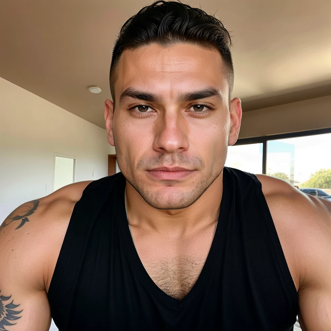 Male, brunette, muscular, blue eyes, light skin, small beard, hunter eyes, Mexican, few tattoos