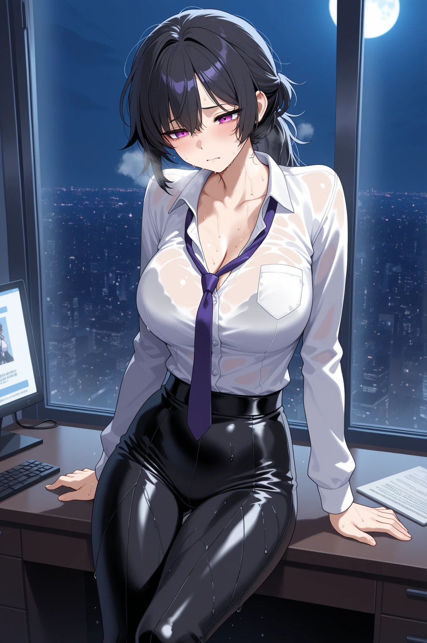 juri han, work of art, tight white secretary shirt with black tie, black high waist skirt, short skirt, black hair, black tights, evil smile, office, bangs in the eyes, lighting, hair horn, vision of up, looking up, smile, sitting on an office chair, legs crossed,corpo detalhado,belo corpo,imagem detalhada,belas coxas