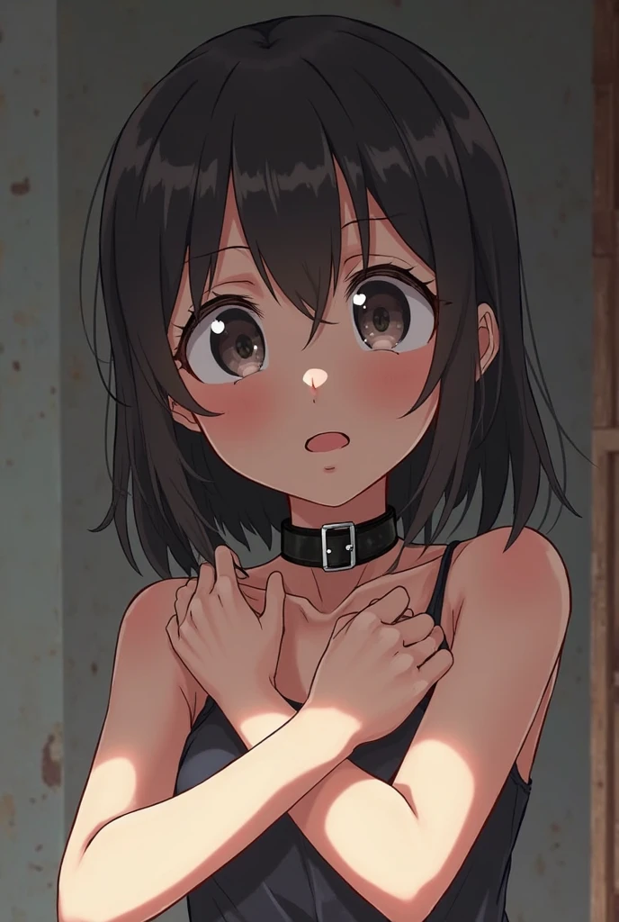 1girl, nsfw, (Expressive eyes), (Perfect Face), ((cute)), peeing, Slanted Eyes, ((Baby Face)), (((female child))), (9 years old), (((Petite))), ((Flat Chest)), White skin, gleaming skin, Yellow eyes, (((Embarrassing))), tears, twin braids, black hair, Naked, collar, (Sweat), detail perfect piece, 16k, (Best quality)