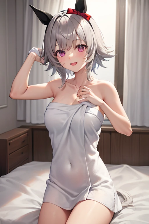 <lora:naked_towel:0.8>naked towel, hand on own chest, large breasts, bare arms, solo, wet, bare shoulders, towel, standing, looking at viewer, eyes visible through hair, blurry background, short hair, collarbone, indoors, closed mouth, hair over one eye, white hair,red hair,multicolored hair,  1girl, cowboy shot, blurry, heterochromia,