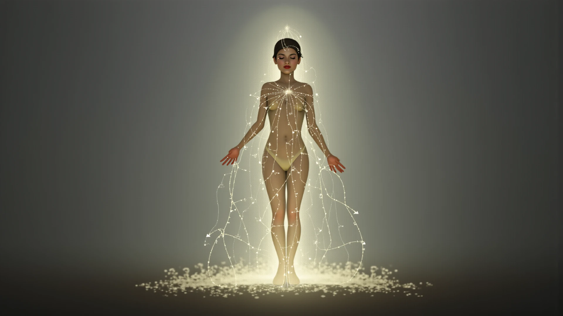 beautiful symmetrical full body model shot painted in oil with thick brush strokes and wet paint, fibonacci, golden ratio, melted wax, visible brush strokes, surrounded by crystal spheres, 3d wireframe tessellation, neural graph, neurons, color, love, passion, oil on canvas, thick brush strokes, insanely detailed, 8k, masterpiece, artstation, surreal