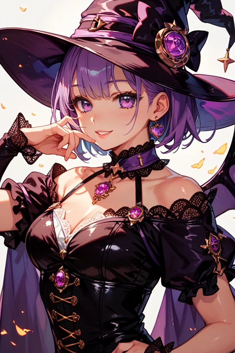 top angle view, Short girl, short blond hair, gothic purple witch cosplay, beautiful blue eyes, skinny, low smile, into the street environment, little witch hat, cleavage, small waist, beautiful detailed eyes, focus on face, fisheye effect camera, cute colors, cute draw
