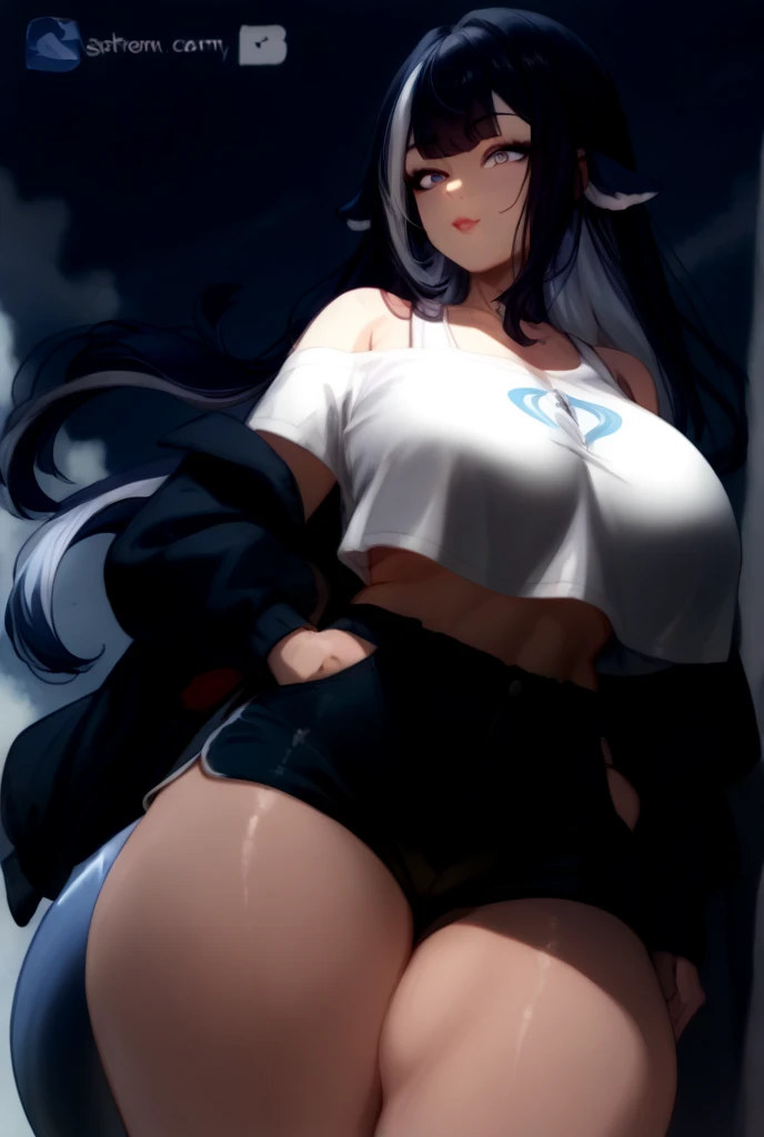 TheSpirit, floating hair ,((blue skin)),green eyes,navel, solo, beach, close up, blush,black skirt, SpiScho,very Long hair, fingernails, black stockings,fat black thighhighs, (insanely detailed, beautiful detailed face, masterpiece, best quality), spread legs, grab belly, ((black nylon crop top)),wide hip, fat belly
