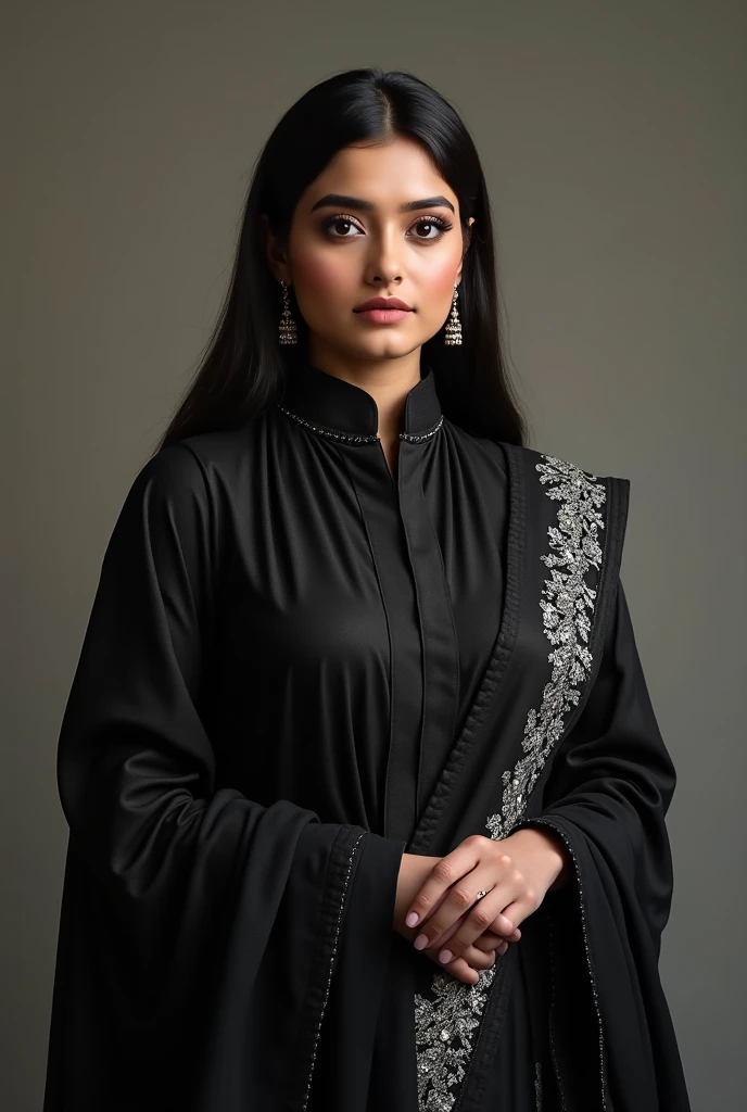 professional portrait photo, fully dressed, stunning looking, 25-year-old, wearing colorful Black Phulkari Suit, flat matte background, desiespresso