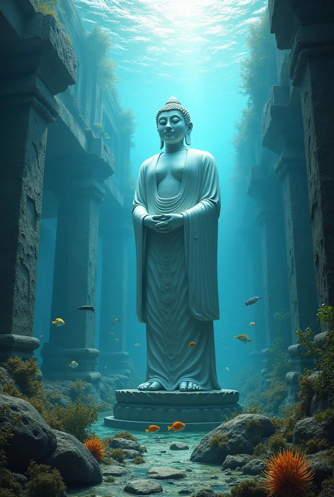 Ancient ruins submerged in the deep sea、Super huge Buddha statue、Eyes glow suspiciously