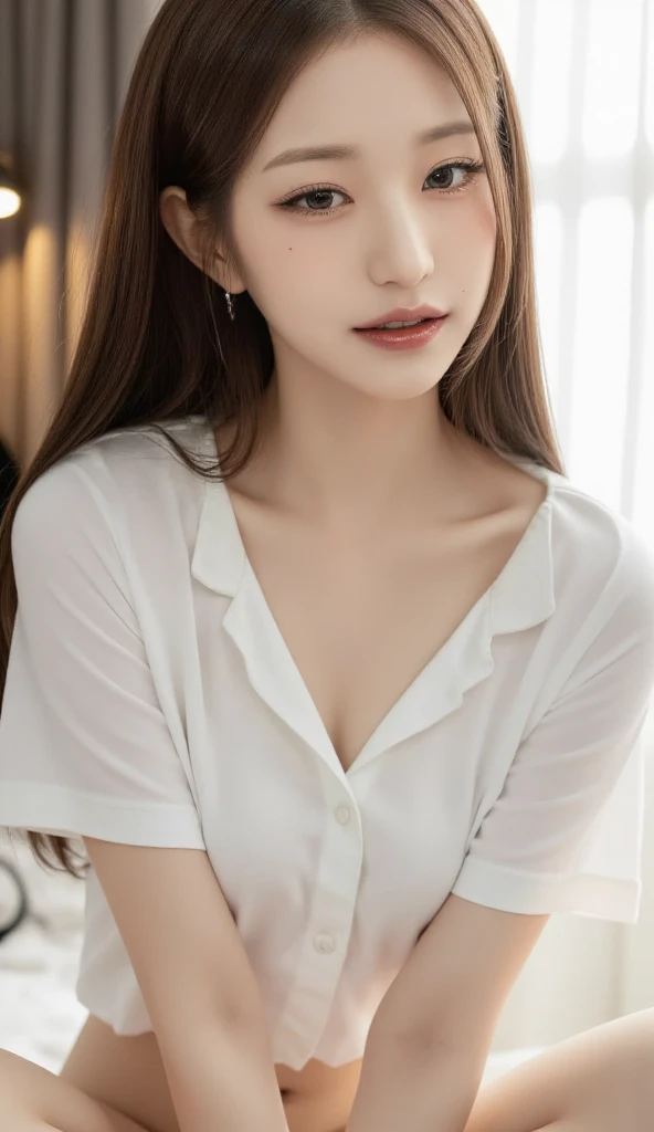 ((top-quality、8K、​masterpiece:1.3))、foco nítido:1.2、Beautiful woman with perfect body:1.4、Slim abdomen:1.2、((Longhaire、Colossal tits:1.2))、(no-bra) (Small and beautiful hard nipple) (Thin, damp buttons up to shirt length:1.1)、(Sateenで濡れた白いシャツ)、(Sateen、a street:1.2)、Wet body:1.1、Highly detailed facial and skin texture、 A detailed eye、二重まぶた、sun burnした肌、A sexy、sun burn