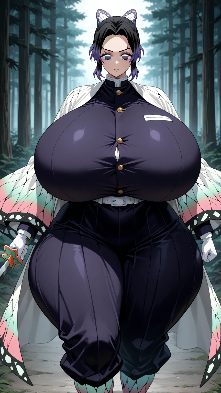 Samurai woman with gigantic round breast that are twice the size of her head, she has extremely wide hips, she wears a long dark hakama that covers her body, holding katana, she has a serious look on her face, ready for battle