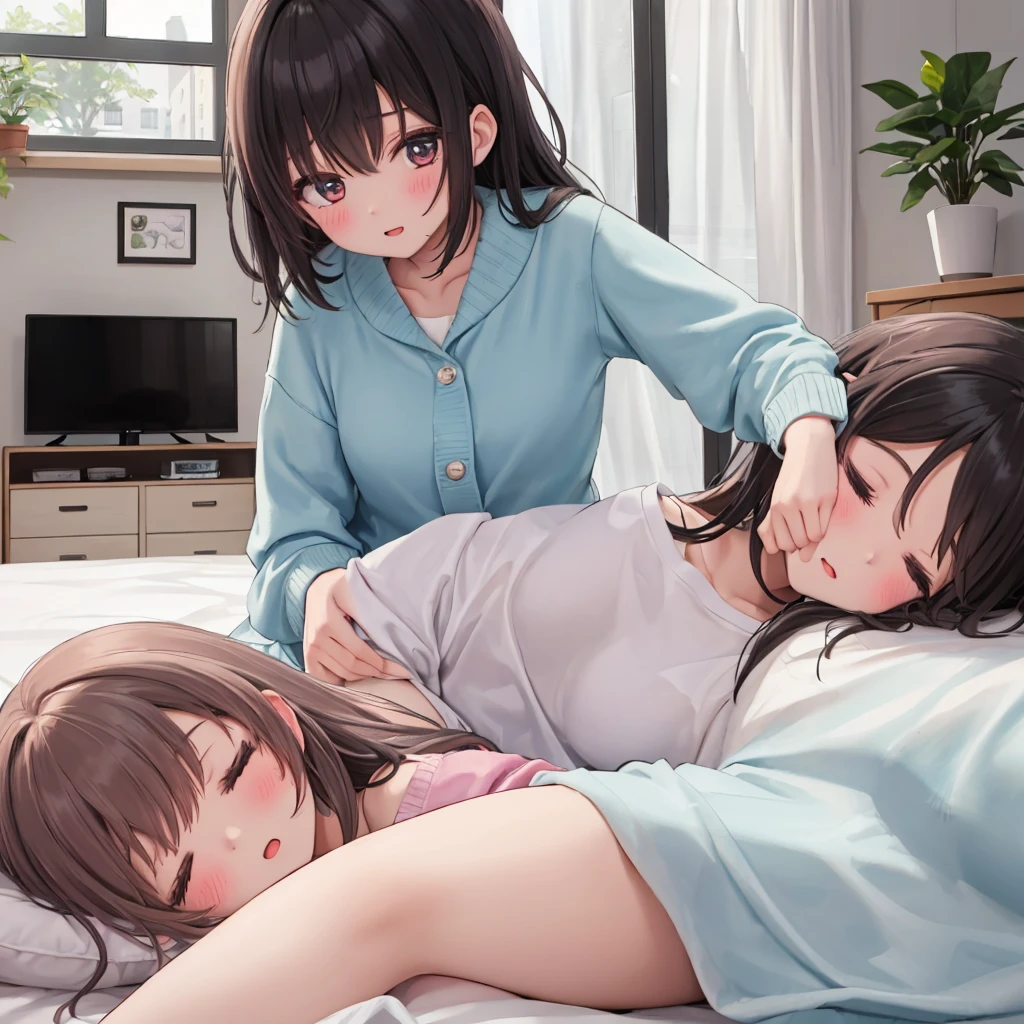 masterpiece, best quality, simple background, random hairstyle, large breasts,  winter casual outfit, ((futa with female)), 3 girls, on back, on bed,
