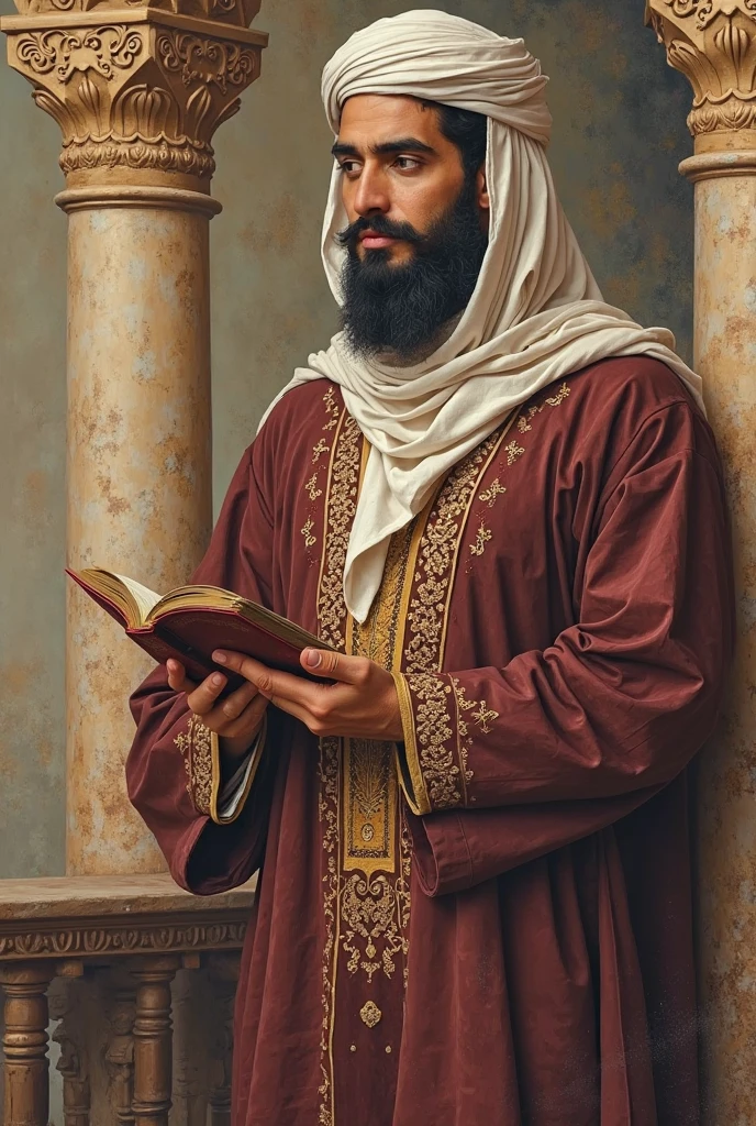 respectful and imaginative depiction of Imam Hasan al-Basri, a revered 7th-century Islamic scholar, seated with a Quran. He is dressed in traditional Islamic attire, exuding wisdom and serenity. The setting is simple and humble, with soft lighting that emphasizes his contemplative and spiritual demeanor. The background is minimalist, focusing on his devotion and inner peace."