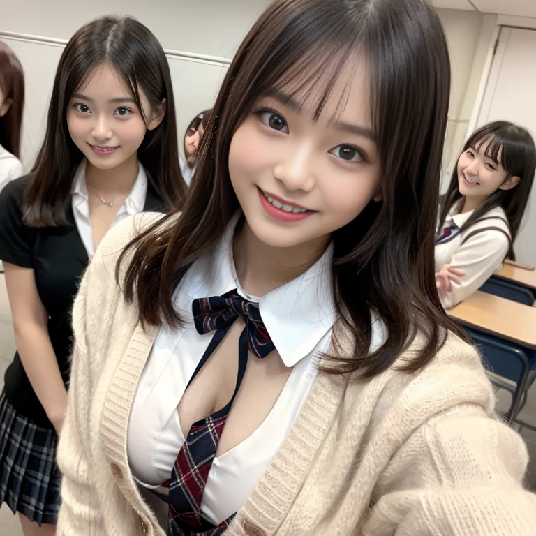 A selfie photo of Three Japanese high school students, (girls), (in the classroom), (everyone smiling), best quality, masterpiece, looking up at the camera, (All wearing white sheer lingerie and pale-purple cardigan), Double eyelids, Bangs down