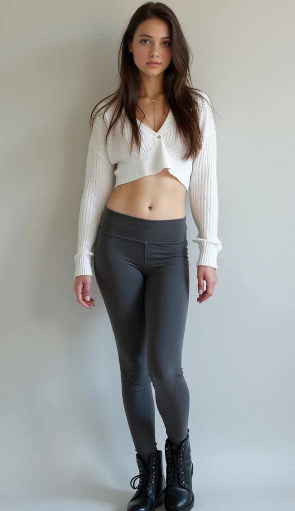 Woman posing in uniform white pants and long-sleeved Lycra shirt placed on the body in dark blue, com duas listras diagonal brancas em cada manga, wearing Mine diagonal skirt tied at the waist with white Lycra pants tight to the body and black boots