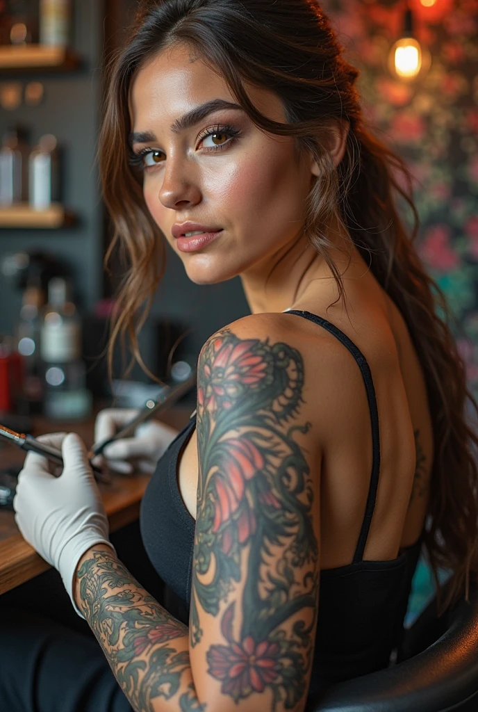 Female tattoo artist keeping her on my hands while she is inking my hand