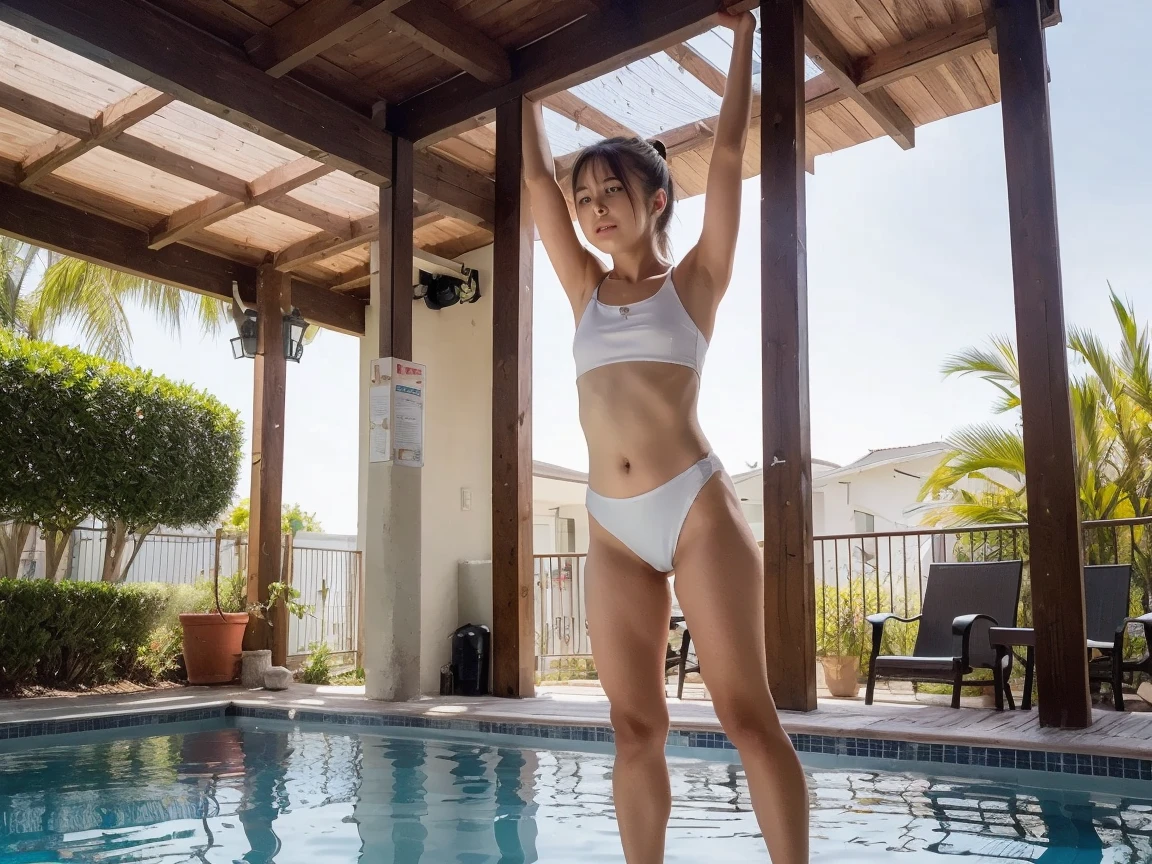 There is a woman sitting on a step in a bathroom, hyperrealistic student, young model of realistic engraving, young model of sensual engraving, Japanese goddess, Sakimichan Hdri, taken with Canon 5D MK4, beautiful asian girl, asian girl, young idol of engraving, young thai, ecstasy, happy, laughing, best angle, beautiful engraving idol model, no panties