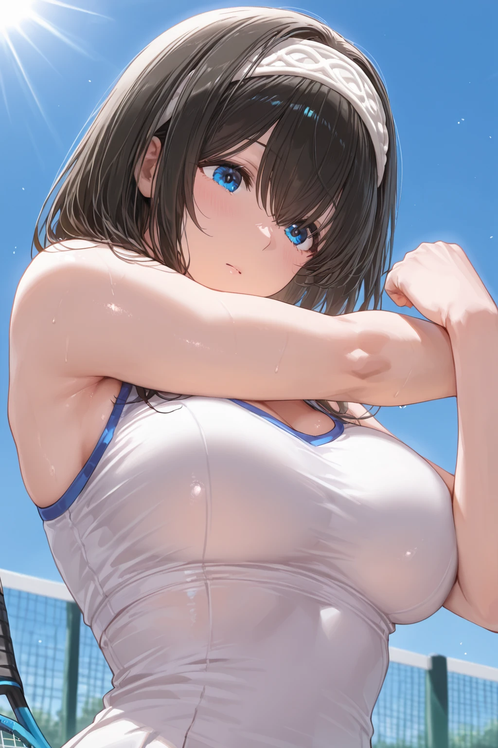 masterpiece、Highest quality、Best image quality、High resolution、Big Breasts、Black school swimsuit、Muji school swimsuit、Brown Hair、Shortcuts、Red eyes
