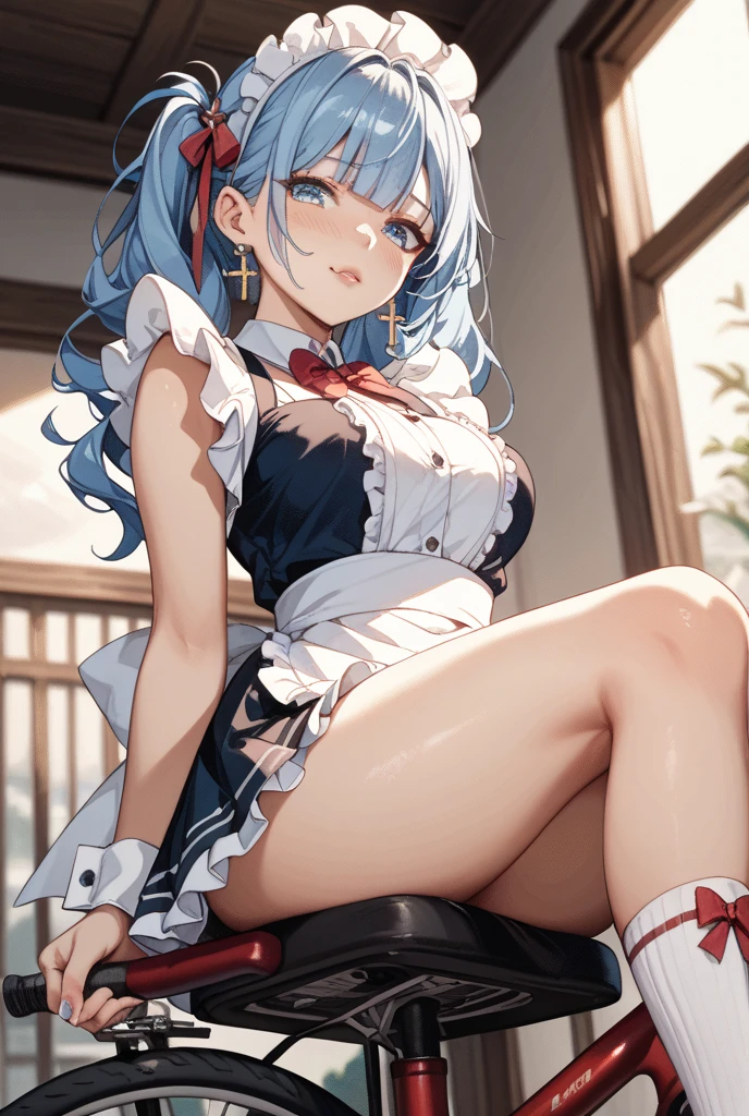 (footjob), Masterpiece、Highest quality、Highest quality, (long and thin legs, shoes:1.2), Arm behind wrist, squat、Spread your legs、1 girl, (smile、Open your mouth大笑い:1.2), Cute eyes, (Detailed face:1.3)、Open your mouth, The whole face turns red, alone, Big and ample breasts, (Straight bangs, Twin tails), White maid outfit、Side bust、Underbust、belly button、Walking through the mansion&#39;corridor、nsfw、shoes下