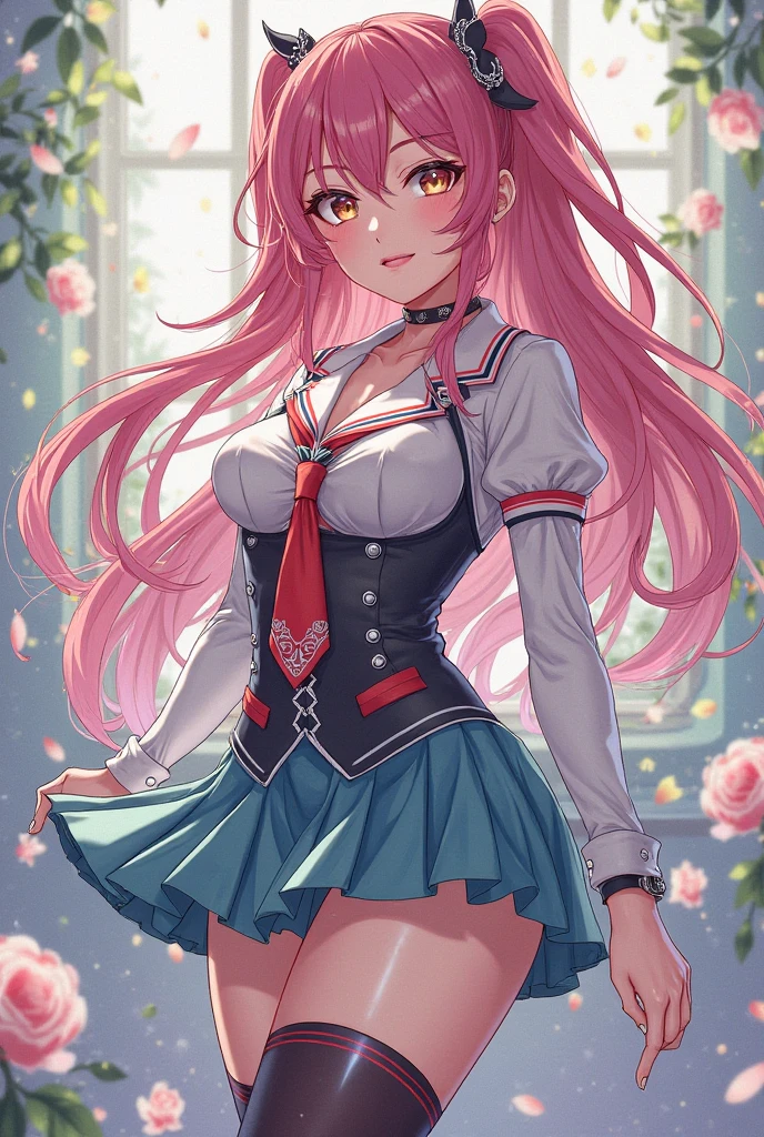 Belle Delphi face, caucasian, pink hair, 21 years old, big boobs, school girl uniform, Barbie bimbo, realistic, short skirt, pink skirt
