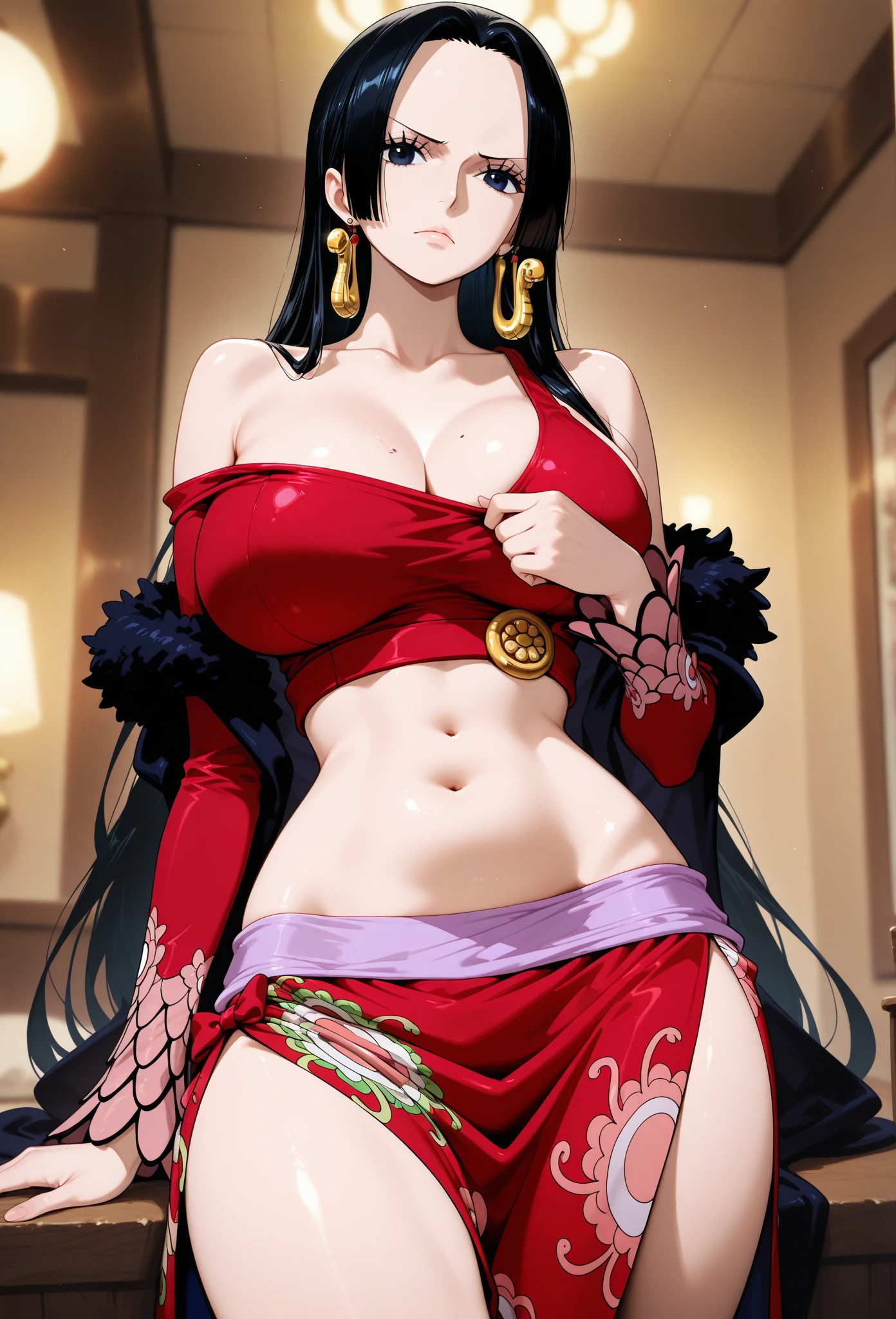 nagisa, long hair, blush, lipstick, jewelry, earrings, big breast, tattoo, Hot girl, baddie, staring, glaring, bad attitude, mean girl, dare, angry, hate, crazy, smoking, sensual, attractive , blush, lipstick, masterpiece, best quality, highly detailed, a anime girls in long dress with navel cutout posing for a picture, evil smile, smile, open mouth, revealing dress, beautiful dress center opening , long dress with bellybutton showing, ecchi anime style, anime girls, ecchi style, ecchi, digital anime art!!, in anime style, official artwork, visual novel cg, beautiful anime girl, anime style 4 k, exposed navel, exposed bellybutton, jewelry, earrings, complex detailed background, casino environment, fancy interior environment, rich interior