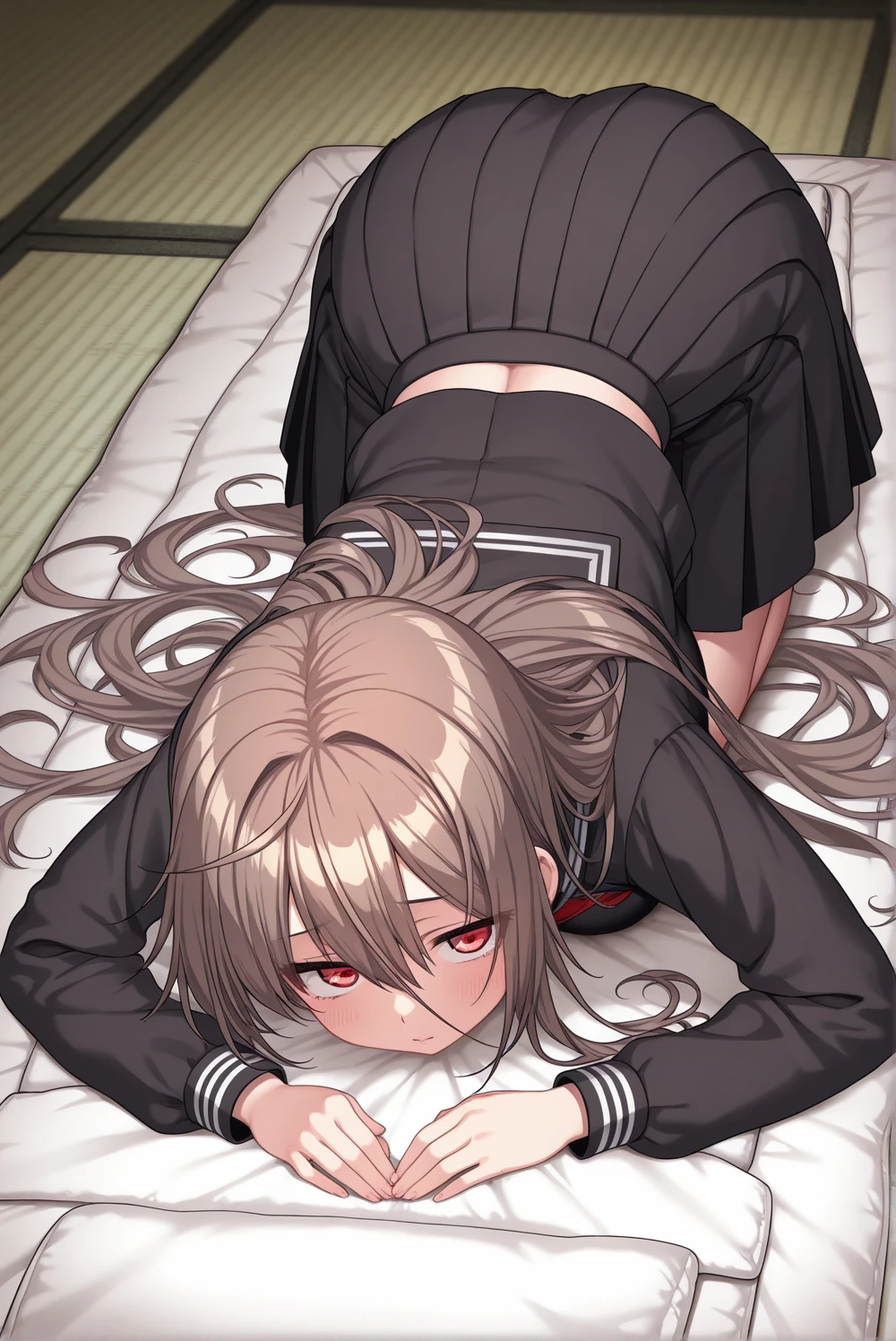 1girl, evil neuro-sama, (yuzu modoki), black skirt, pleated skirt, red eyes, red bow, black sailor collar, black cardigan, open cardigan, dark red ribbon, hair ribbon, two side up, ahoge, heart hair ornament, long sleeves, light brown hair, asymmetrical legwear, black thighhighs, black kneehighs, bandaid on knee, grey footwear, loafers, natural lighting, (masterpiece, best quality), night, skyline, detailed scenery, (3d render:0.7), highly detailed, finely detailed, animal collar, cat ears, cat tail, tail bow, all fours, back, from behind, bent over, top-down bottom-up, looking back, looking at viewer,