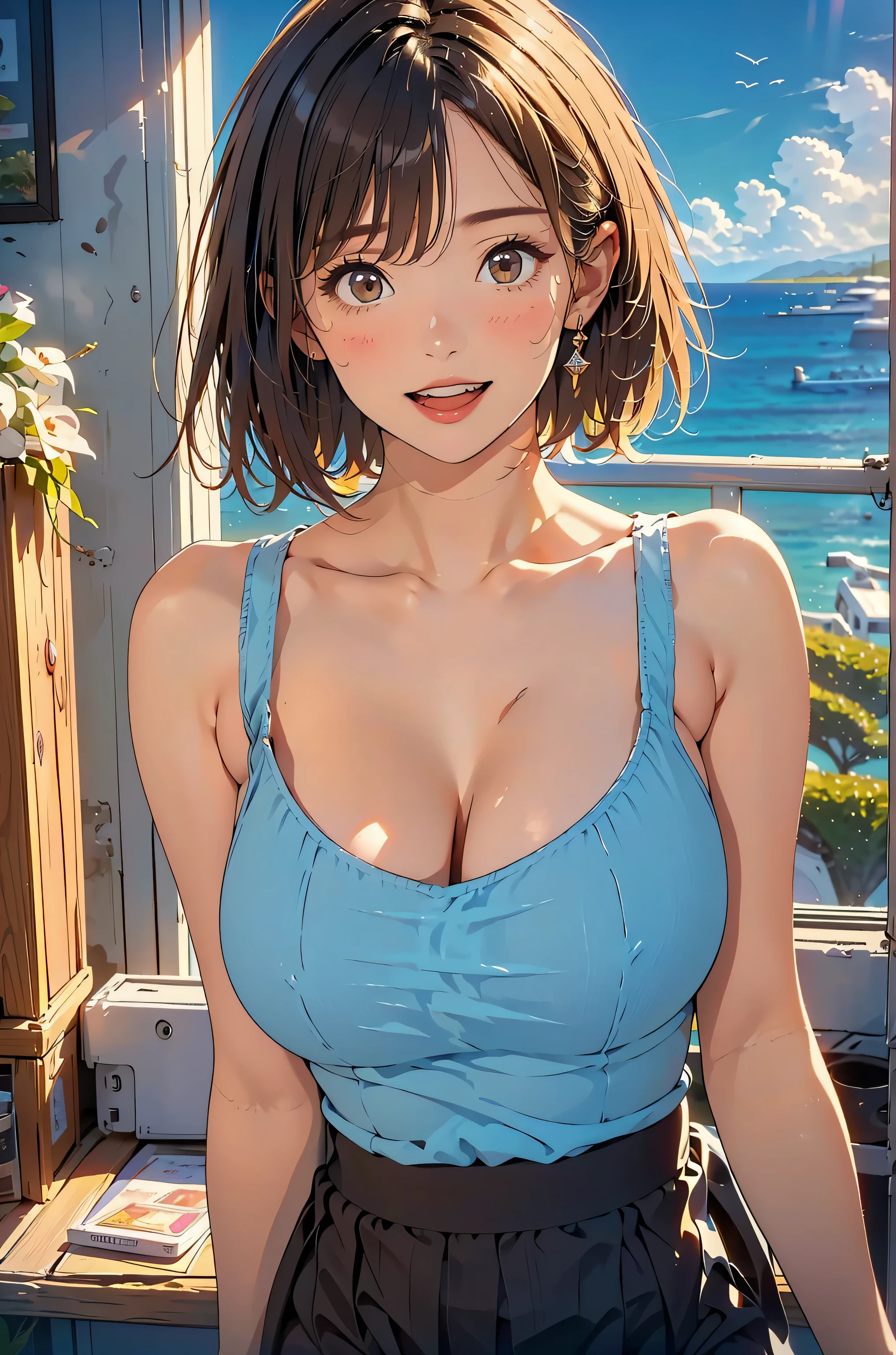 In 8K、Ultra HD、Best Quality、Top quality、Extremely detailed image quality、Realistic woman、Cowboy Shot、One Woman、(A big smile、Laughing with your mouth open:1.2)、(42-year-old woman:1.8)、Married Woman、(Plump body:1.2)、belly button、Black Hair、Short Hair、Shiny skin、Skin that is very shiny after applying oil、High gloss skin、(Incredibly big 、Cleavage:1.4)、(White Bikini:1.8)、(road in front of the house:1.8)、I'm sweating、radiant skin、Glowing Skin、High gloss skin:1.4)、(Sexy shot、Esbian all over:1.2)、Cityscape、