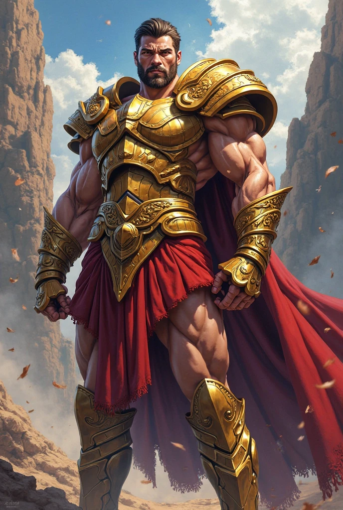 Mighty gladiator, chest uncovered, lower body revealed from thighs to feet, cascading long curls, detailed muscular physique, lifelike depiction, 4K resolution. Background: Colosseum during a spectacular sunset,32k uhd, best quality, masterpiece, super detail, high details