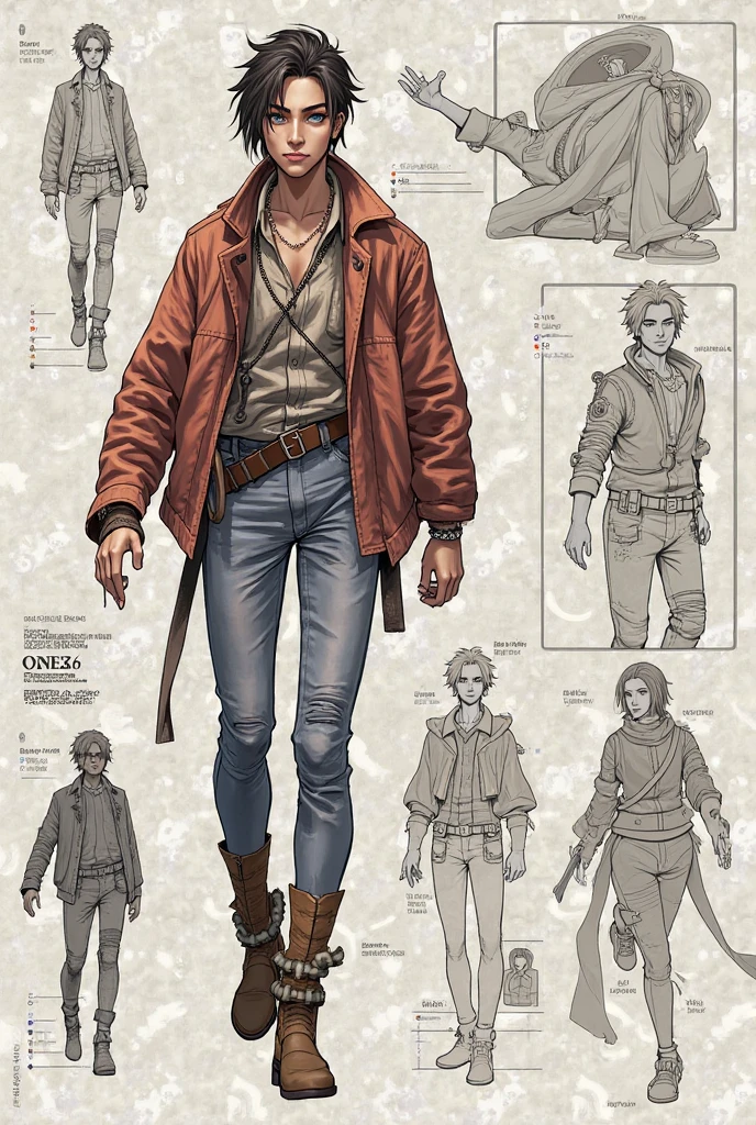 pose of a cat samurai wearing a one peice work suit, tan suit, multiple side, character design sheet, ,hand painted, concept art, artstation