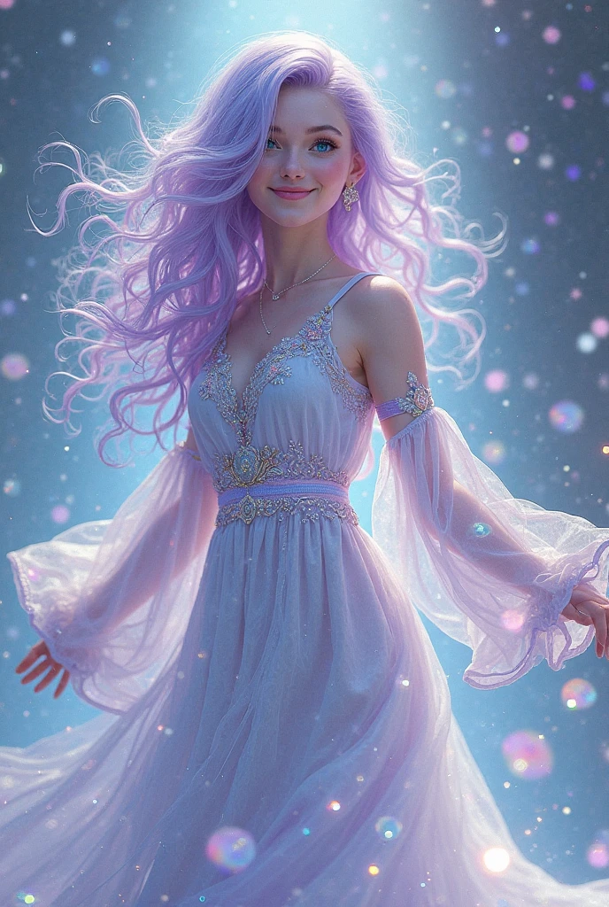 a woman who blends strength and enchantment with a pastel palette. Her long, flowing hair is a soft gradient of mint green and lavender, cascading down her back like a mystical waterfall. Her eyes are a striking shade of seafoam blue, glowing with an inner light that hints at her magical powers. She wears a fitted, iridescent gown in soft pink and silver that shimmers with every movement, giving her an ethereal yet formidable presence. Her demeanor is both commanding and gentle, with a warm, inviting smile that reveals her underlying sweetness and compassion. A subtle, sparkling aura surrounds her, adding an extra layer of enchantment to her powerful, yet charming presence.