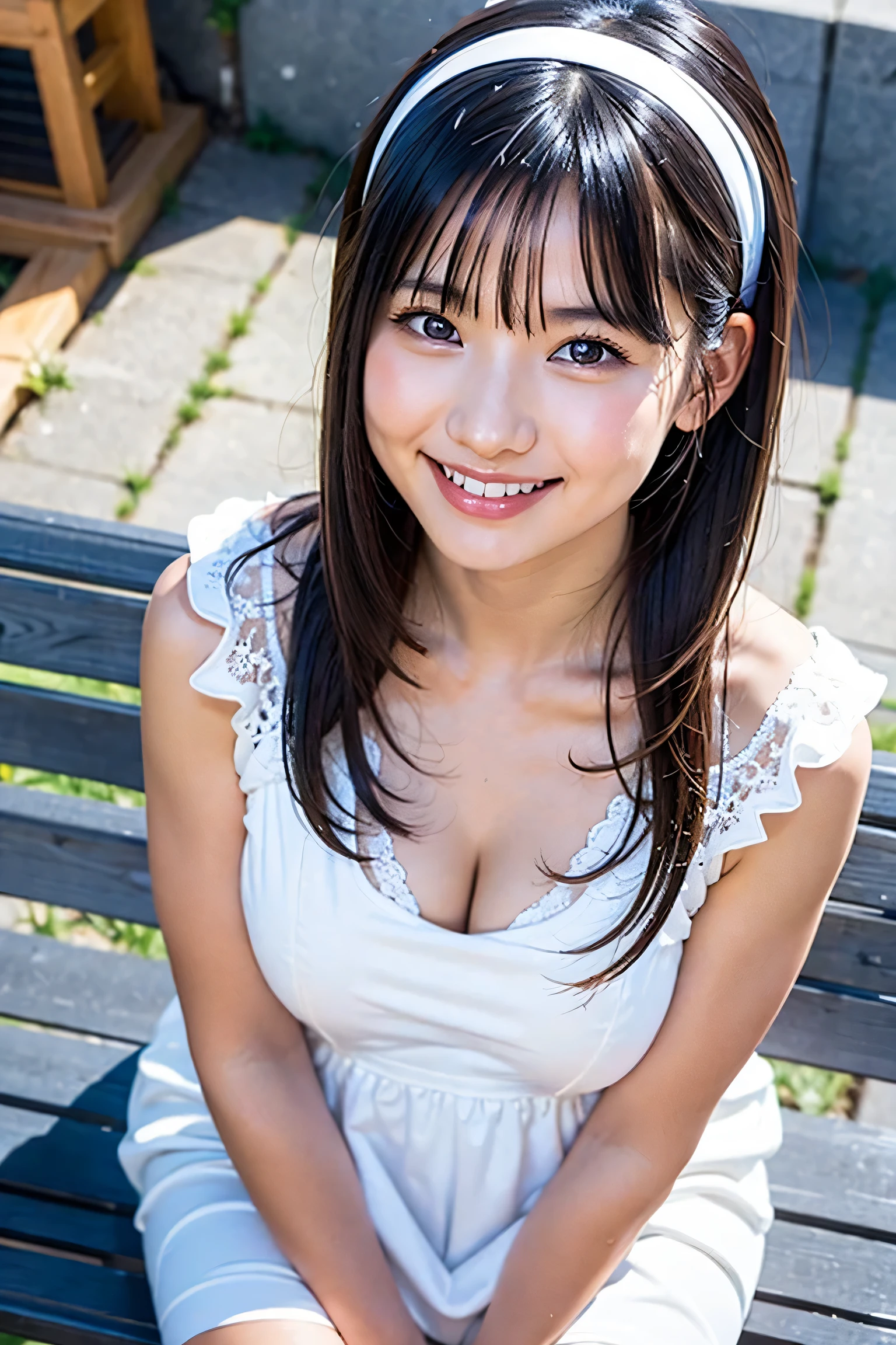 A very cute face like an idol、like々A 19-year-old woman with a cute face、Gentle and cute、A kind smile、(((Japanese Yukata)))、Sitting on a bench at a festival、Cleavage、(Full body portrait)、RAW Photos、Genuine、High resolution