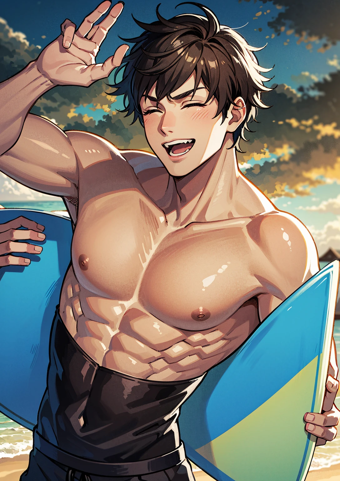 (score_9,score_8_up,score_7_up,score_6_up,score_5_up,score_4_up), best quality, best lighting, high-definition background, in FGO style, 1 boy is 18 yo, brown hair, red eyes, muscled, topless, ((veiny arms)), swim brief, (long bulge), beach, public hair, armpit hair