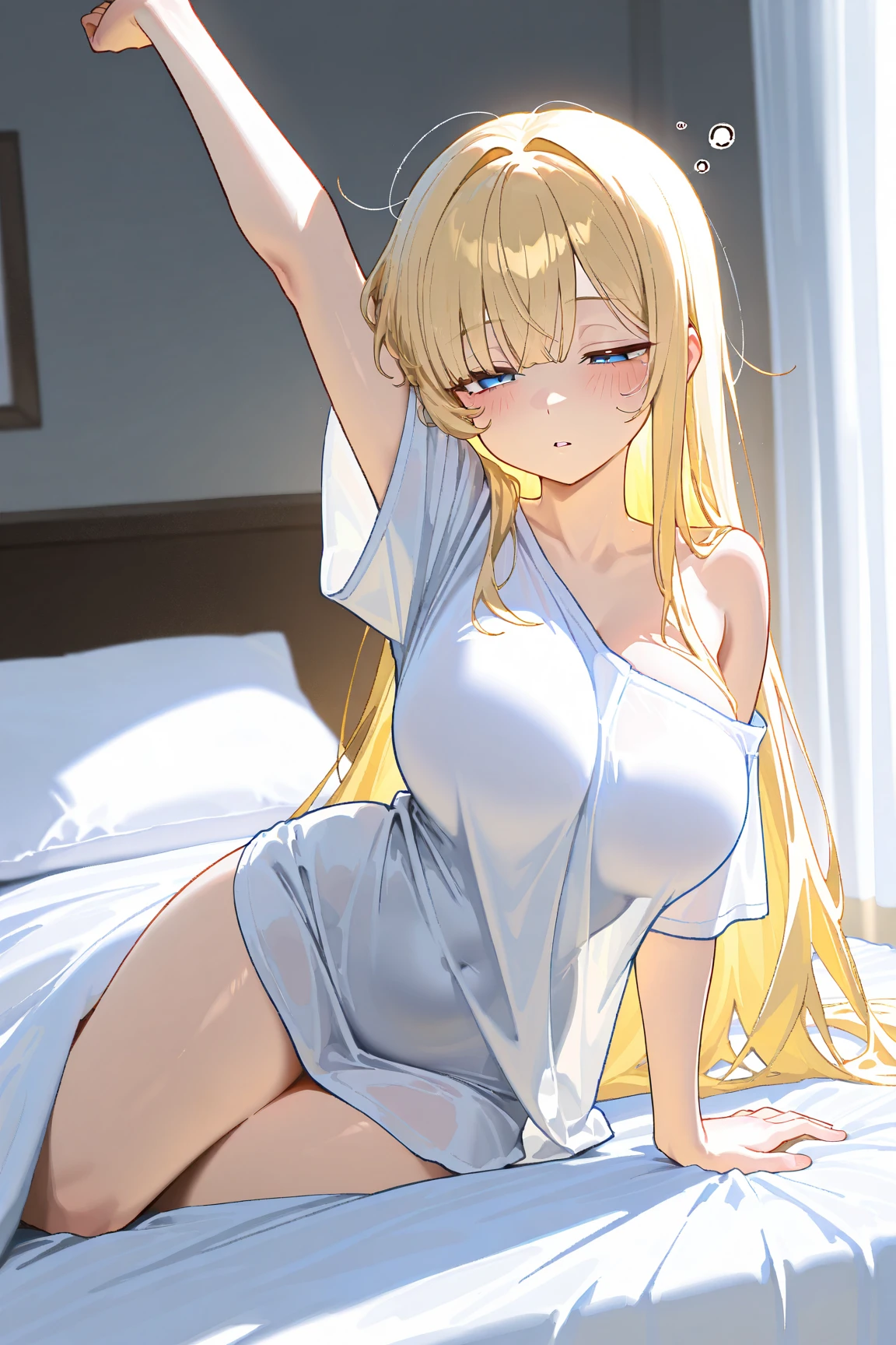 anime styled, Anime Artwork,The ultra -The high-definition,超A high resolution, ((all-fours:1.4)), Slightly lower angle, Draw from directly behind her or diagonally behind her., draw from the butt side, A girl looking back at me, Embarrassed expression of pleasure,Letting out a gasp, Pretty lips,beautiful a girl,long eyelashes, One eye is closed, Closing one eye, Twin tails bundled with a red ribbon,a blond,length hair, No clothes are worn,Not wearing a bra,no-bra, well-shaped and taut breasts,, Breasts around D cup, No panties, Panties,((barechested:1.4)),legs wide open,The areola is clearly visible., fullnude,bare-legged,opening legs,Open crotch, Draw the whole body from the top of the head to the toes。, Crotch wide open,legs wide open,The genitals in the crotch are fully visible, Clear butt hole, A very embarrassing gesture,「Hey look、I'm soaking wet here」While saying this, the girl opens her legs so that her own private parts can be seen, draw from the side of her butt, Your butt is facing us, Cute room with a girl, on the beds, Outside the open window, the sun is shining brightly in the clear sky without a single cloud., sweat rises on the skin